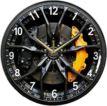 Fenteer 2D Car Wheel Wall Clock, Modern Silent Decorative Hanging Clock, Creative Hub Shape Clock for Office, Living Room, Bedroom, Classroom