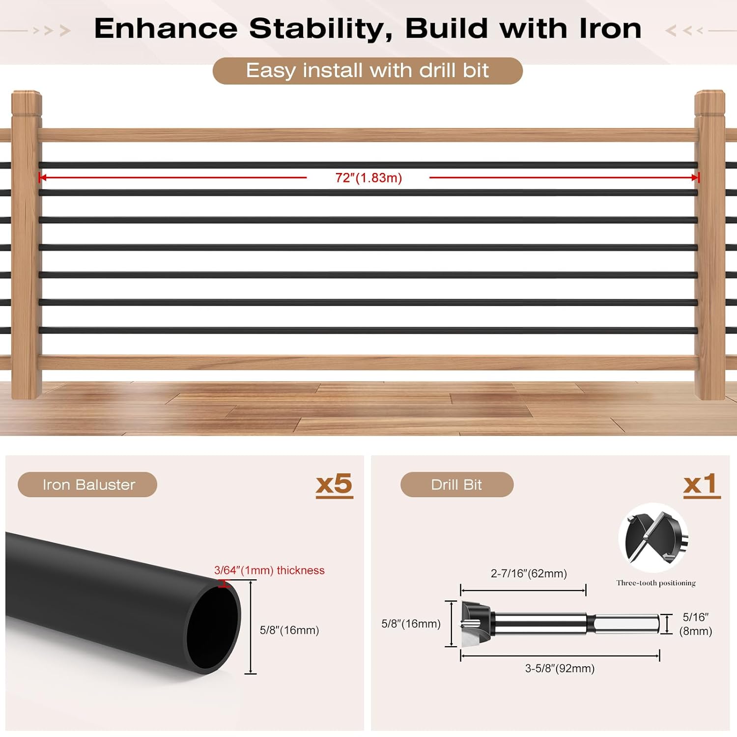 4.7 FT x 5/8 inch Iron & Aluminum Deck Balusters for Outdoor Indoor Railing, Round Horizontal Balusters for Staircase Interior with Drill Bit, Matte Black Hollow Deck Spindles for Porch Patio