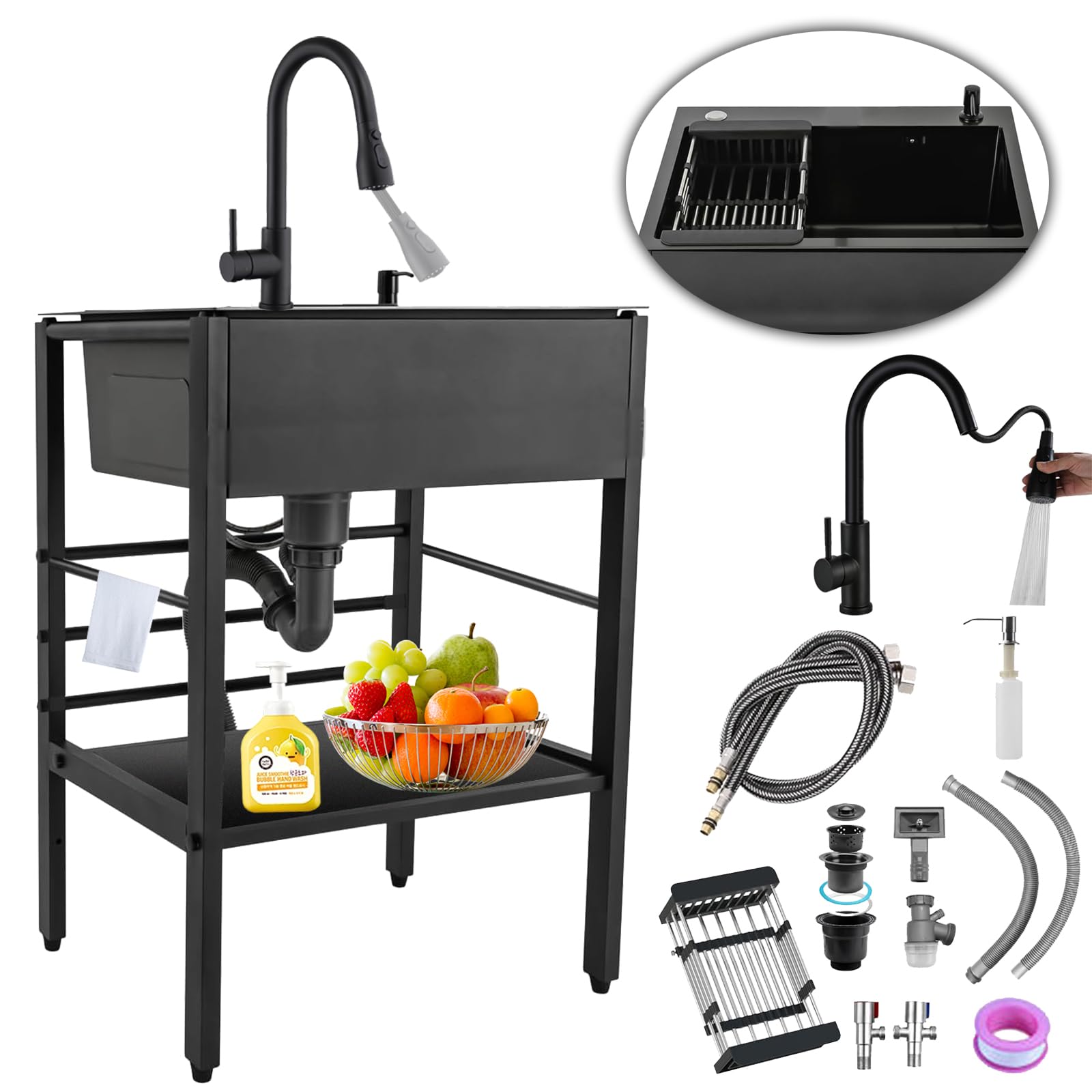 JNTFNE Camping Sink Outdoor Commercial Free Standing with Strainer Drain and tap Suitable for Garage, Restaurant, Kitchen, Laundry