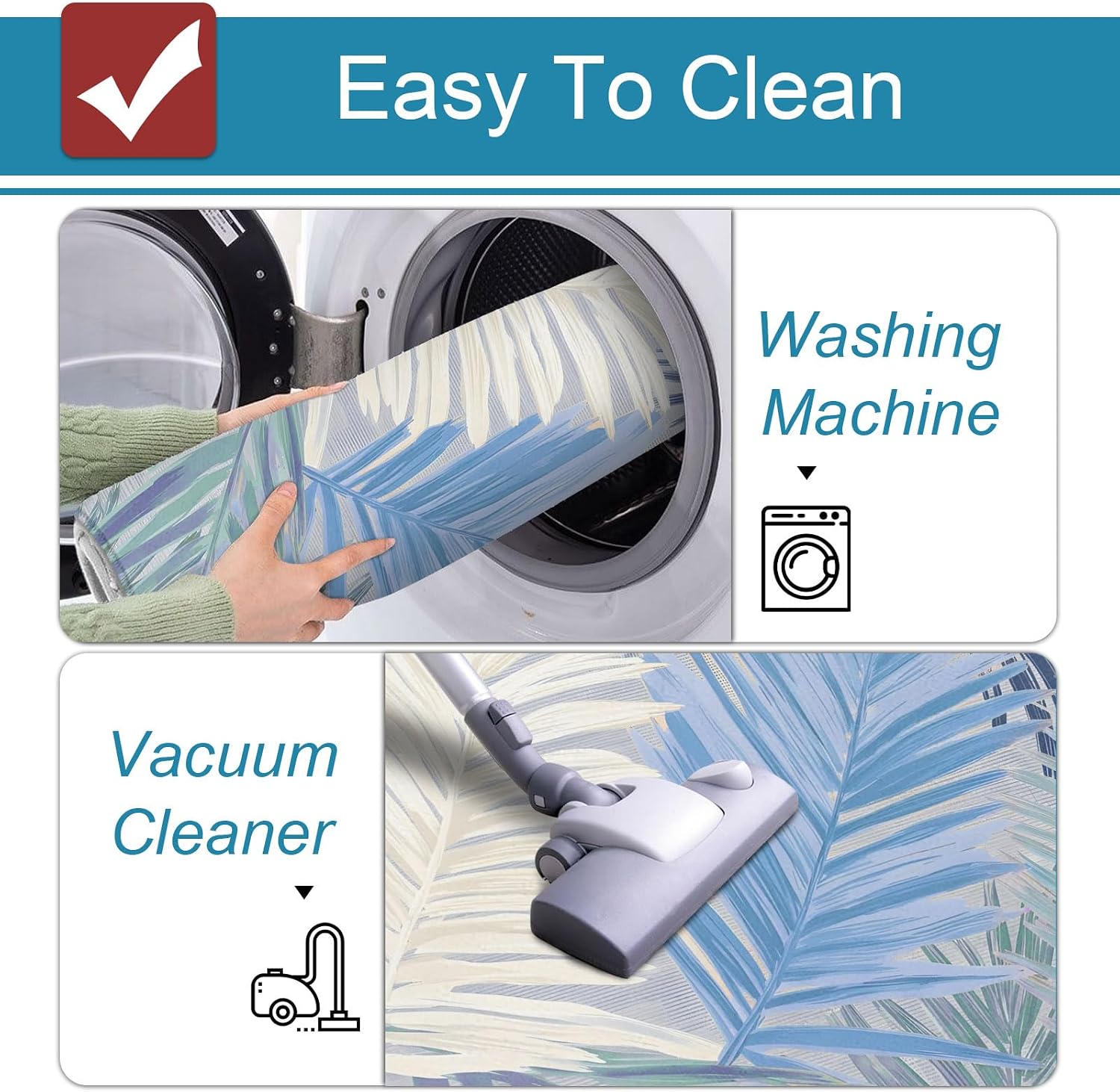 Blue Grey Palm Leaves Kitchen Mats Set of 2 Summer Tropical Botanical Coastal Non Slip Mat Washable Floor Rug for Kitchen Sink Floor Laundry, 19.7"x31.5"+19.7"x63"