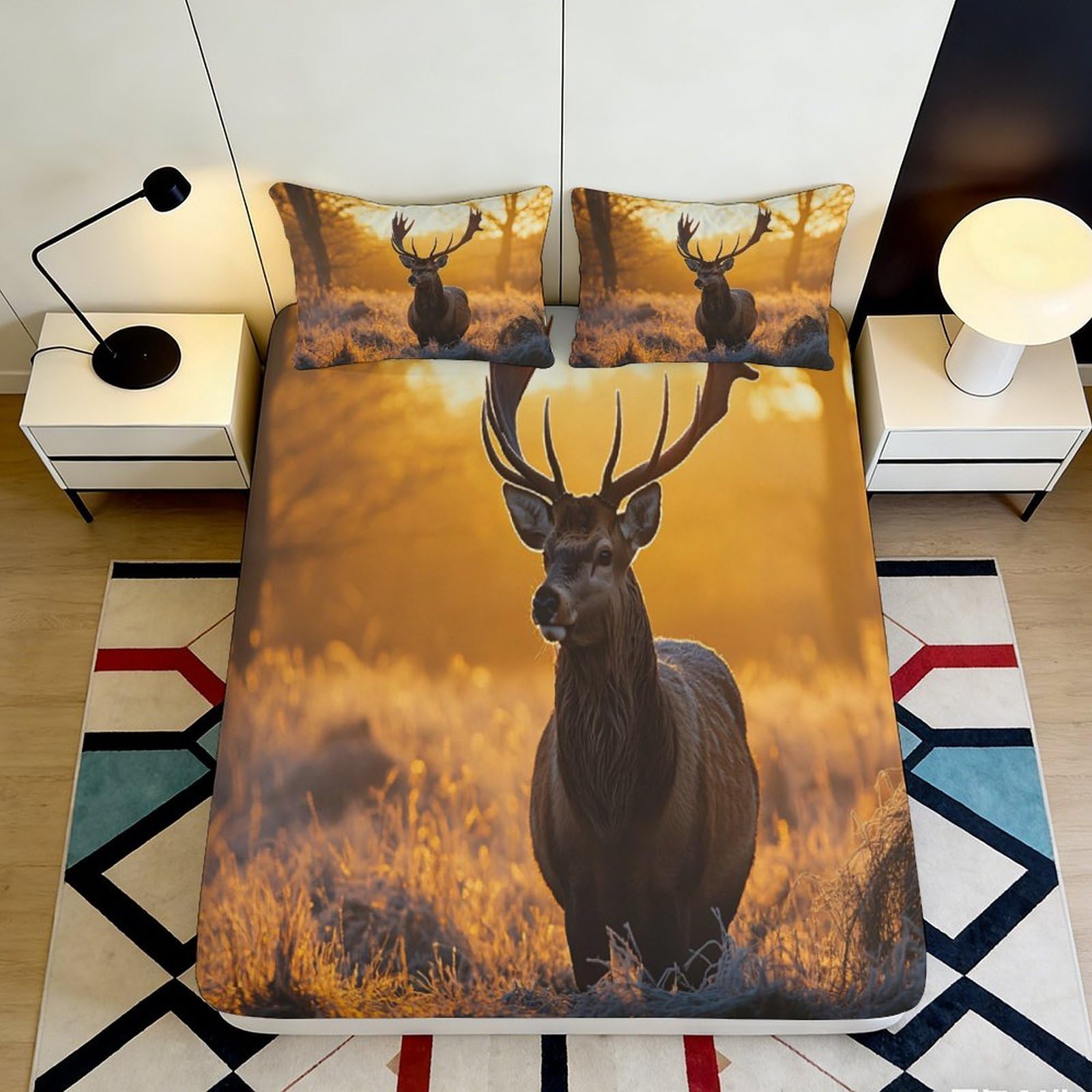 Uxinyoume Style-1 3D Printed Sunset Deer Fitted Sheet Microfiber Soft Breathable Forest Stag Mattress Cover For Bedroom Guest Room Decor 90X200x25cm
