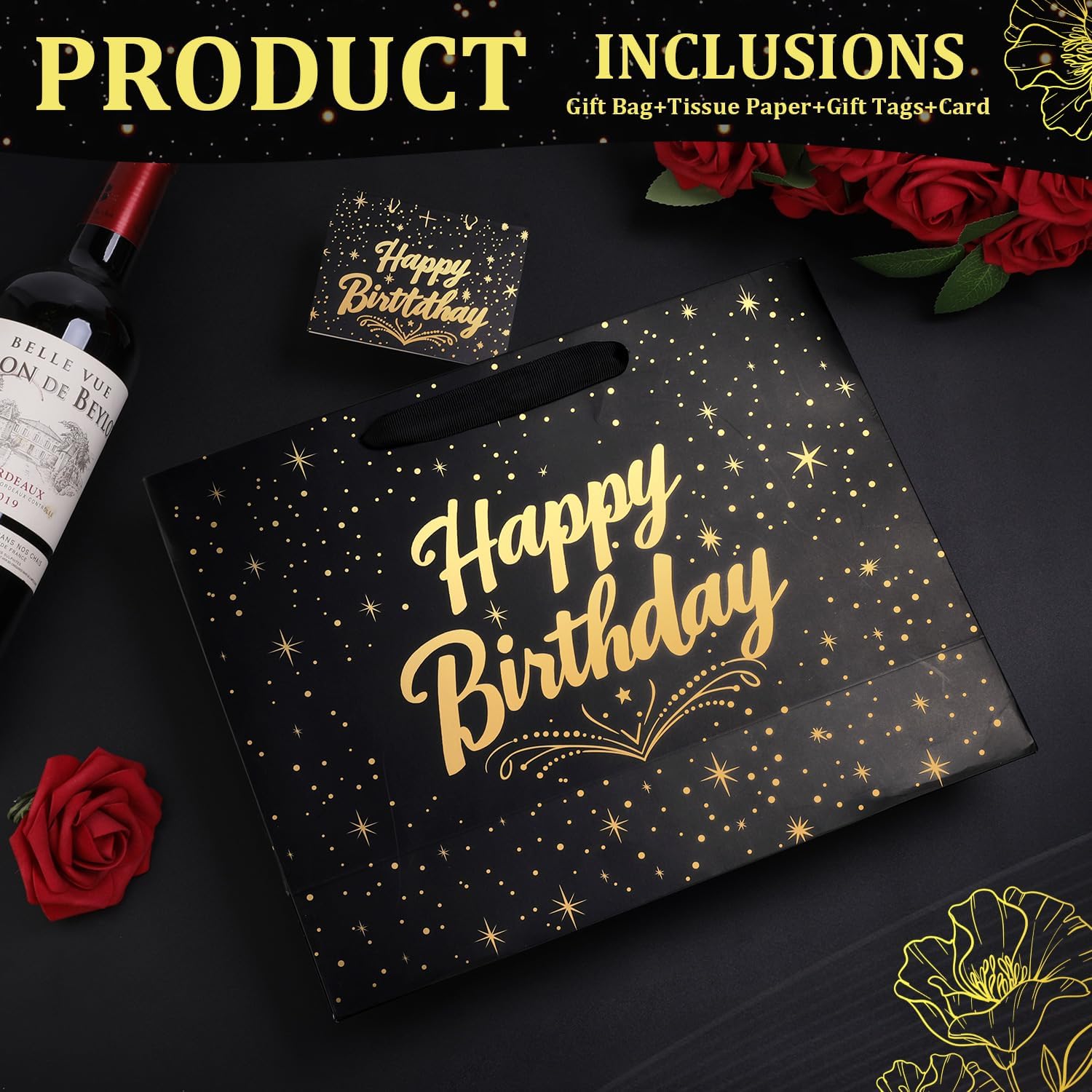 BeiLaad Large Happy Birthday Gift Bag with Tissue Paper and Greeting Card, Black Gift Bag for Men Women Birthday, Party, Medium size(2 PCS Black) - Image 4