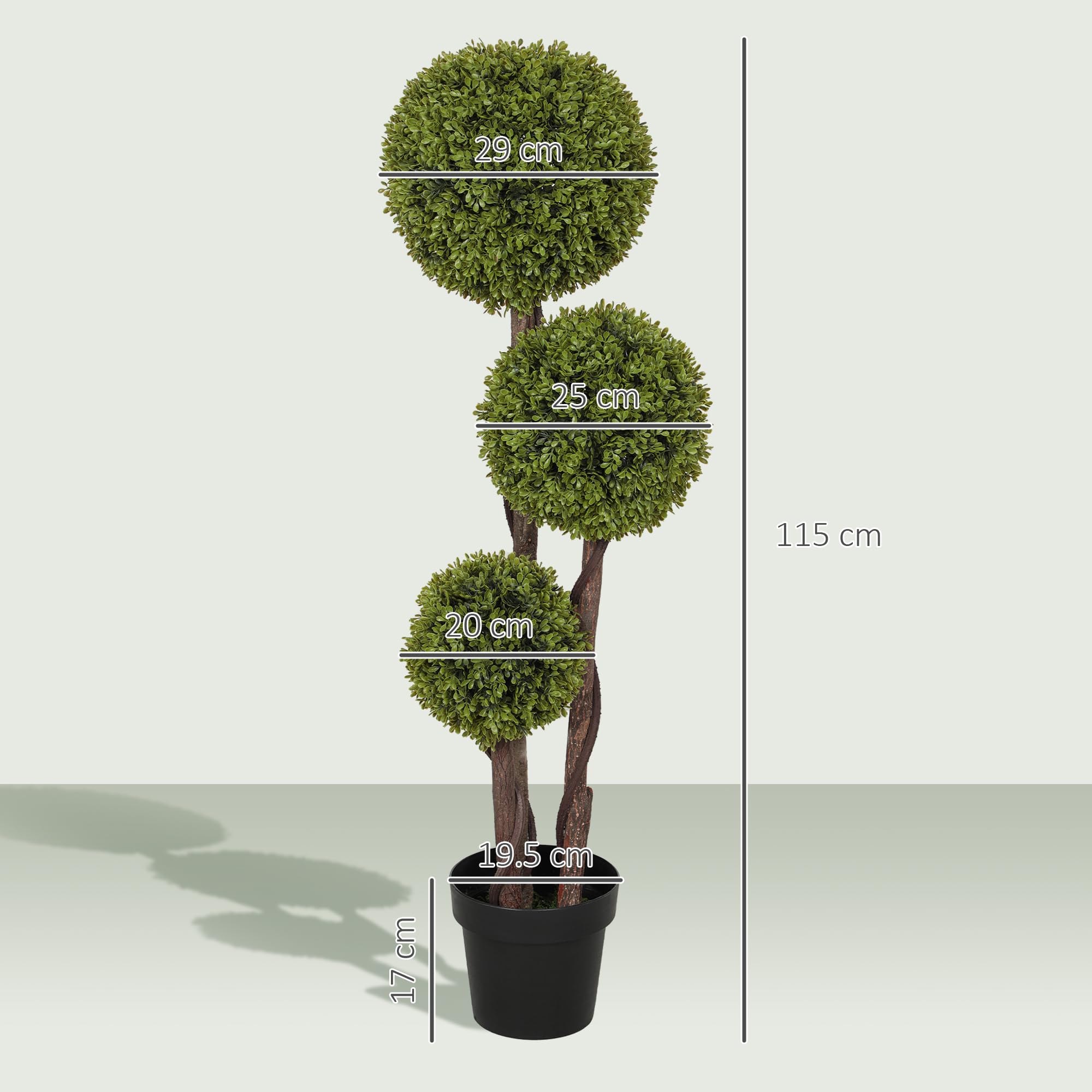 HOMCOM Pianta di Bosso Artificiale a 3 Sfere, Pianta Finta con Vaso Incluso e Fondo Rinforzato, Altezza 115 cm