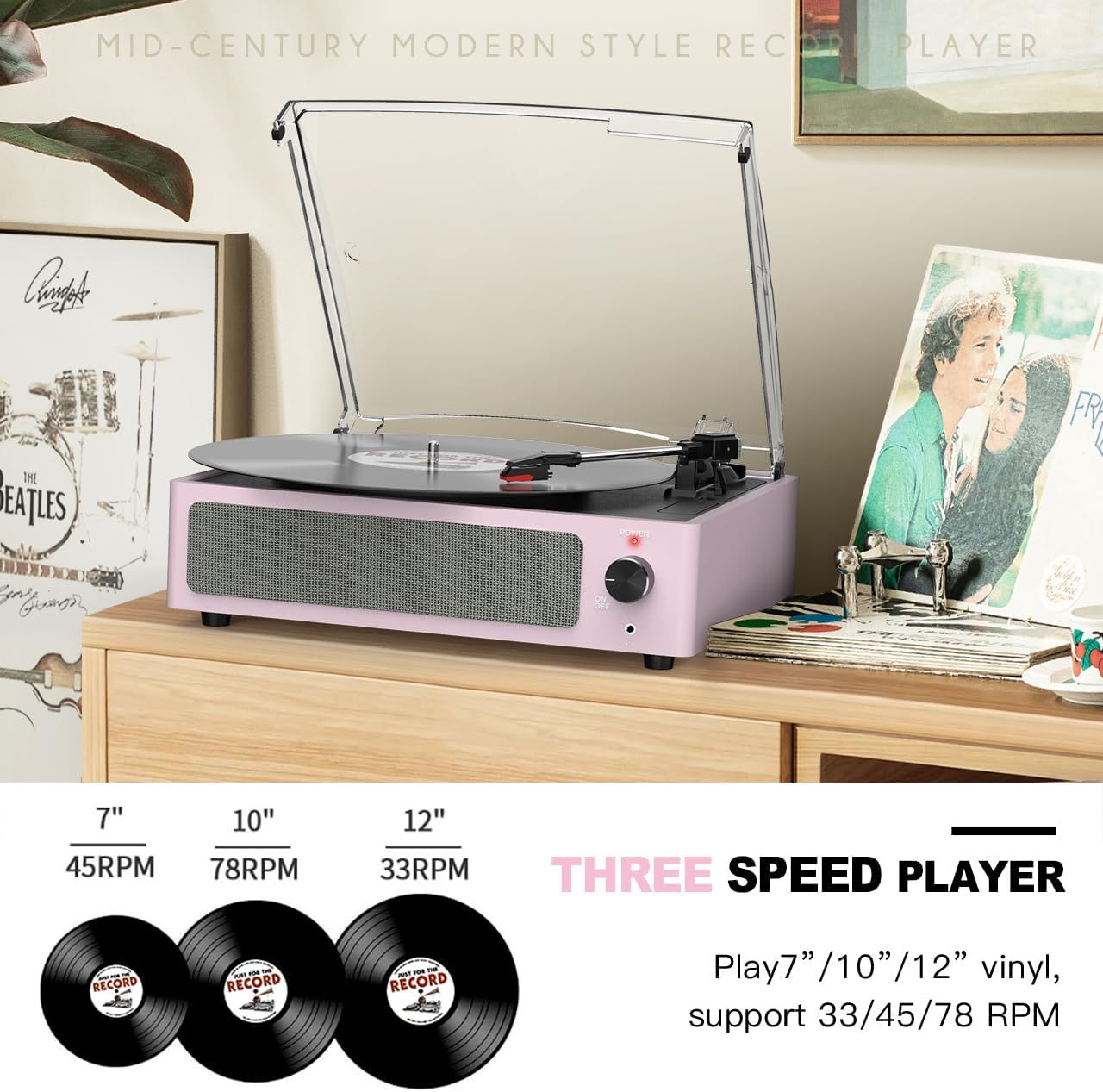 Vinyl Record Player with Speakers Turntable for Vinyls Records 3 Speed 3 Size Belt-Driven Wireless Receiver Portable All-in-1 Vinyl Players for Vinyls Auto Stop Headphone AUX RCA Line Out Pale Pink thumbnail