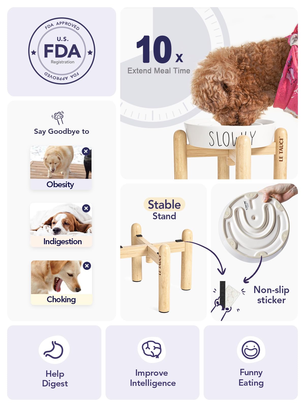 Tazones de alimentación lenta para perros, cuenco de alimentación lenta para perros con soporte de madera para razas medianas y grandes, cuenco elevado de cerámica para perros para ralentizar la