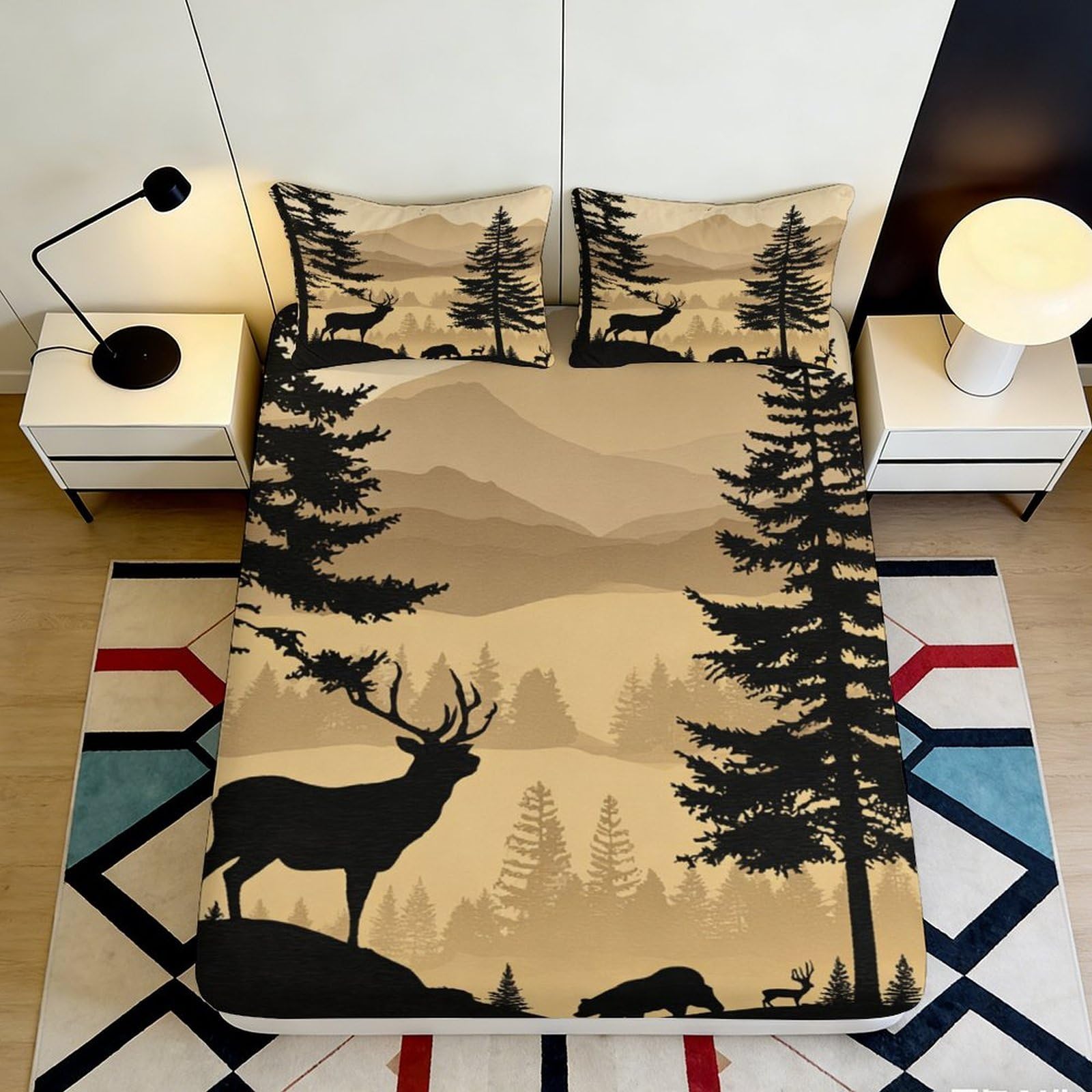 3D Printed Forest Deer Fitted Sheet Microfiber Soft Breathable Mountain Landscape Bed Cover for Bedroom Dorm Decor 90x200x25cm