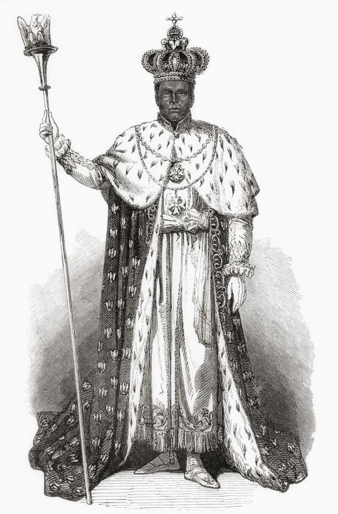Faustin- lie Soulouque 1782 1867. Haitański polityk dowódca wojskowy prezydent Haiti 1847 - 1849 i cesarz Haiti 1849 - 1859. Jest tutaj widziany w swoich szatach koronacyjnych. Z L'Univers Illustre
