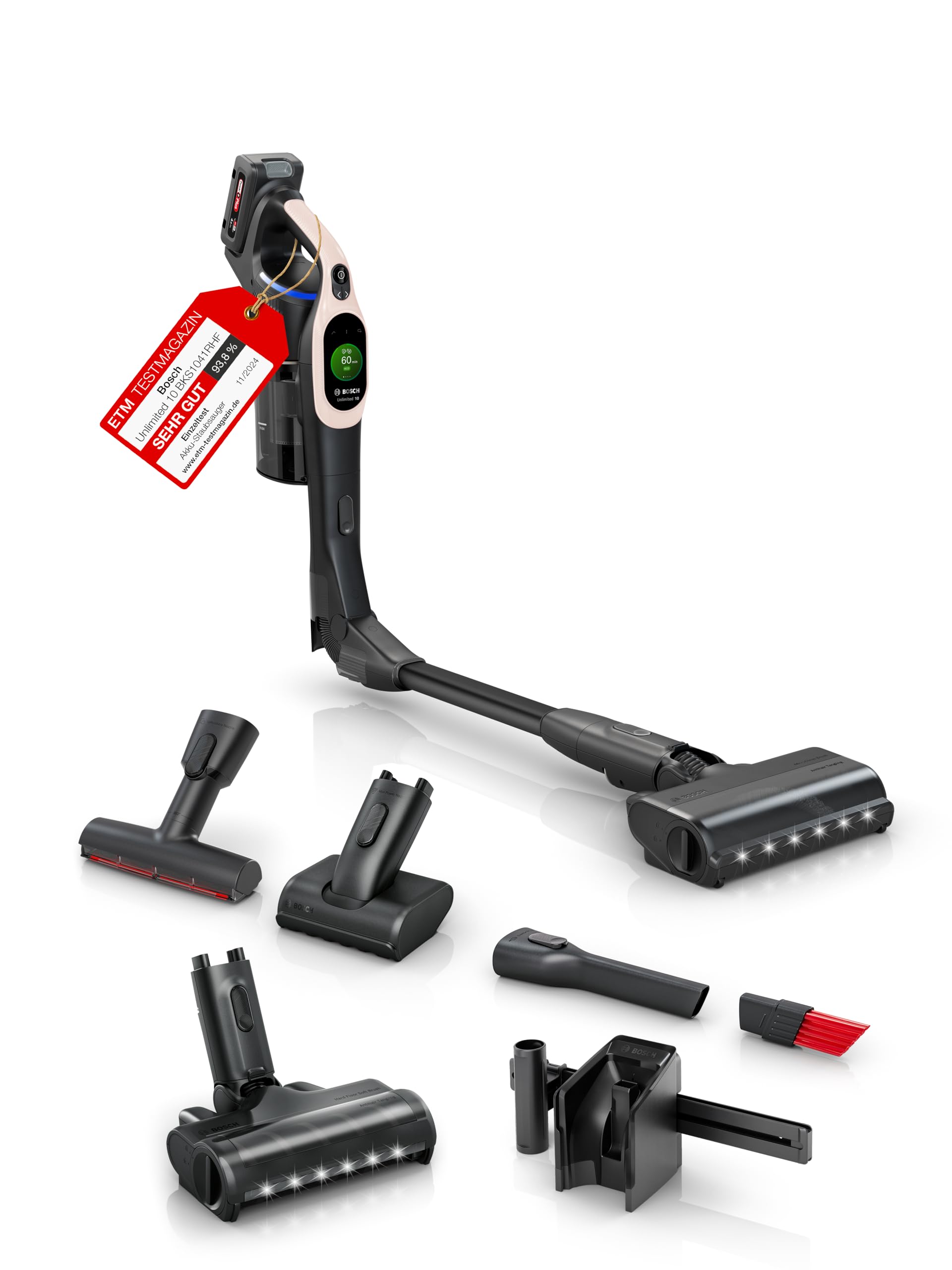 Bosch Akku-Staubsauger Unlimited 10 BKS1041RHF, kabellos, MicroClean Technology, TFT-Display, Staubkomprimierung, HEPA-Filtersystem, Knickrohr, 10 Jahre Motorgarantie, 4.0 Ah Akku, LED-Licht, rosé