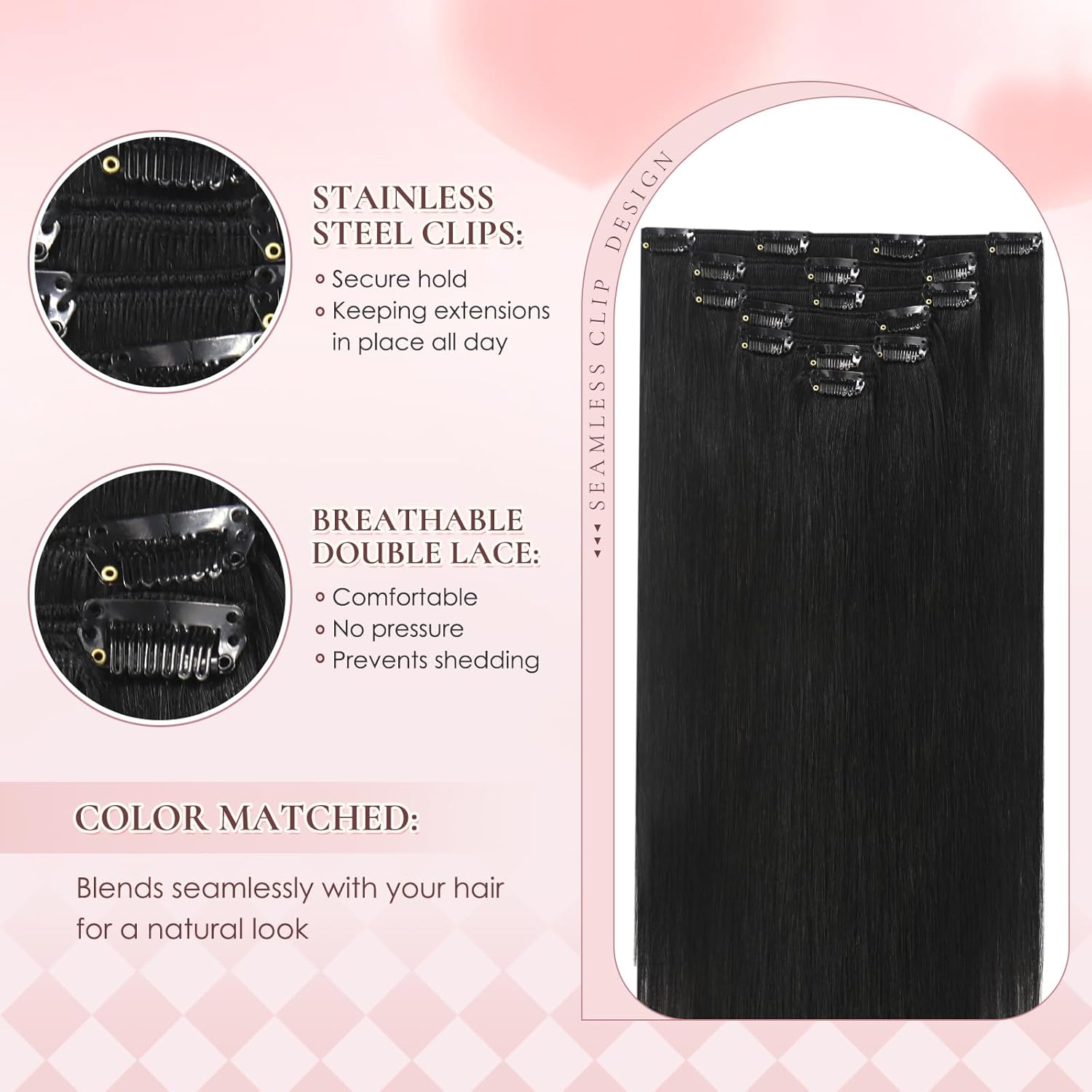 Invisible Clip in Real Human Hair Extensions,12 Inch 55 Gram 1B Natural Black Remy Thick Straight Clip in Hair,7 Pieces With 16 Clips, No Slip No Shedding Comfortable All Day Wear