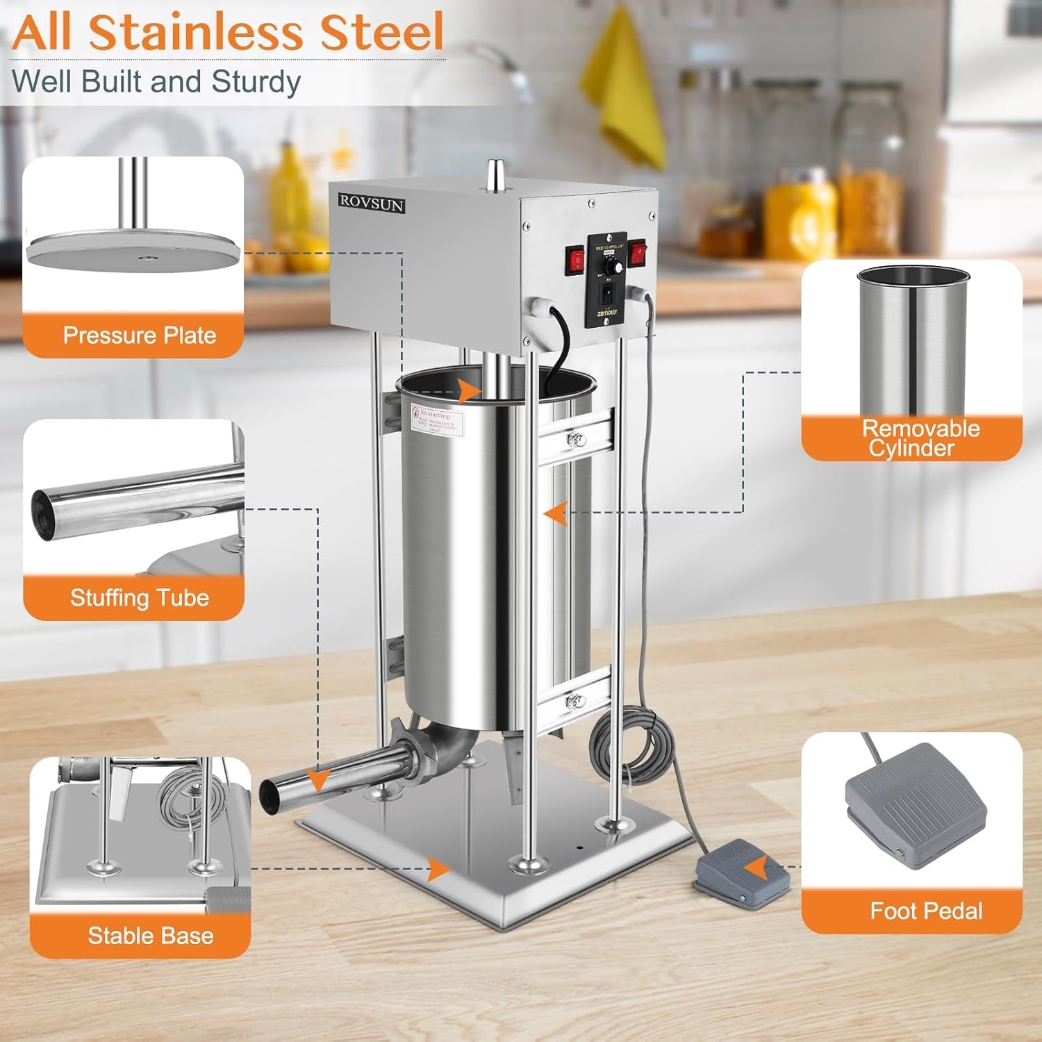 ROVSUN Electric Sausage Stuffer 15.4LBS/10L, Stainless Steel Sausage Maker Machine with Adjustable Speed & 5 Stuffing Tubes, Heavy Duty Vertical Sausage Filling Maker for Commercial and Home Use