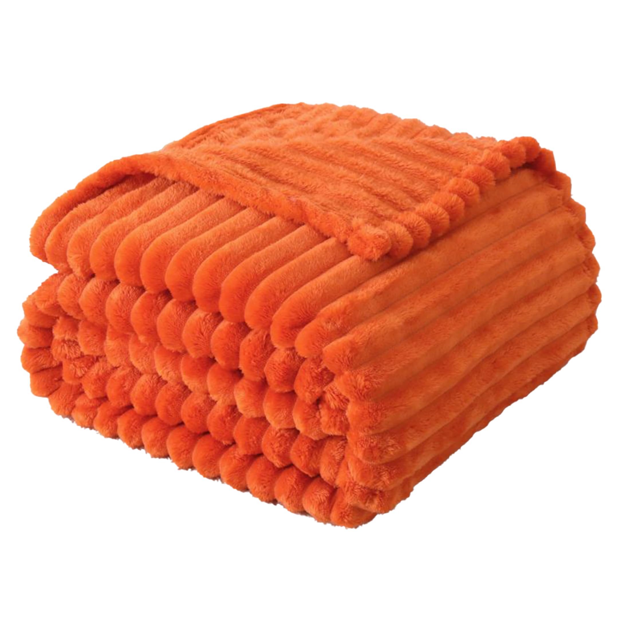 Rohi Orange Ribbed Throw Blanket King Size 200cm x 240cm | Extra Soft & Fluffy Cozy Fleece Blanket | Lightweight Faux Fur Throws For Sofas & Bedroom