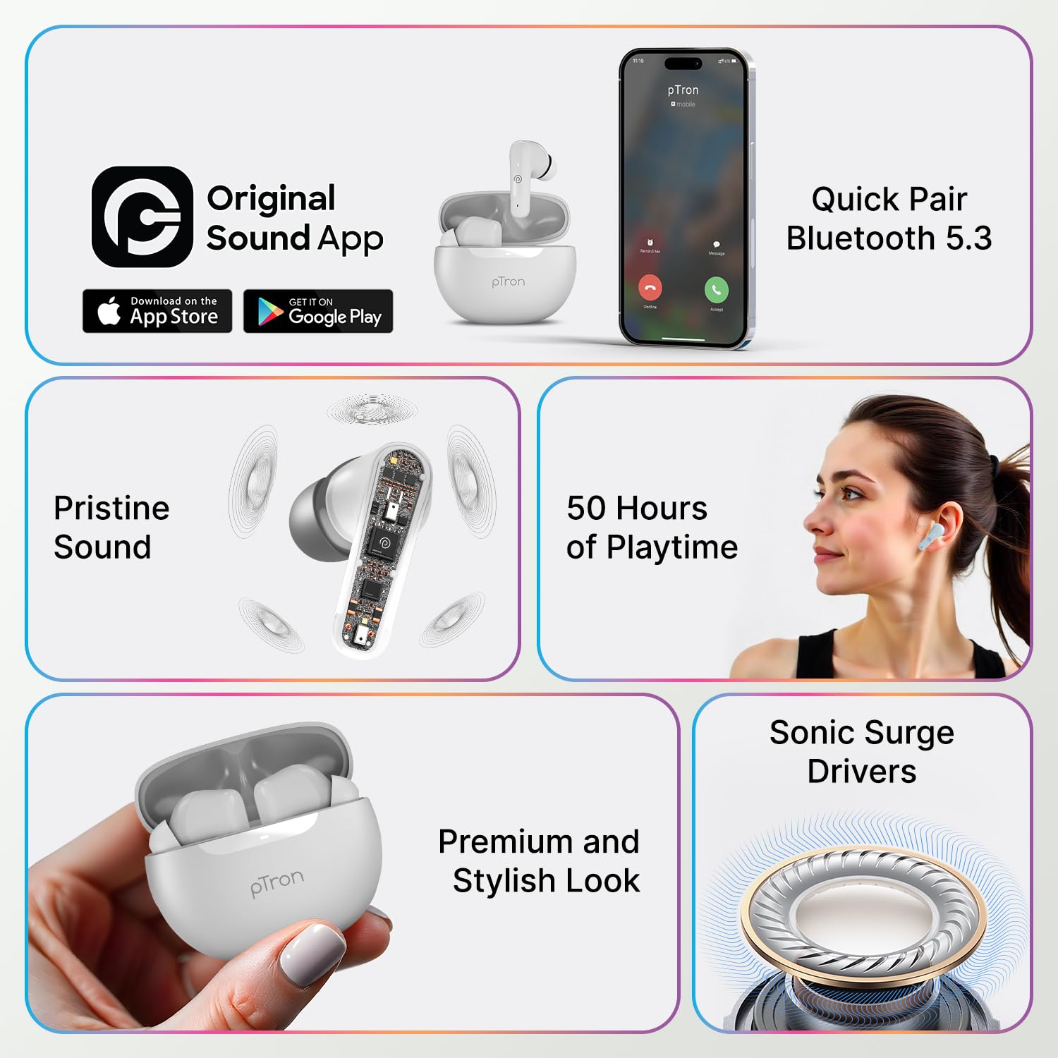 pTron Bassbuds Astra in-Ear TWS Earbuds w/Stereo Sound, 50Hrs Playtime, Stereo Calls, Custom EQ, Mobile App, BTv5.3 Headphones, Touch Control, Voice Assistant, Type C Charging & IPX4 (Grey) — Amazon image 2
