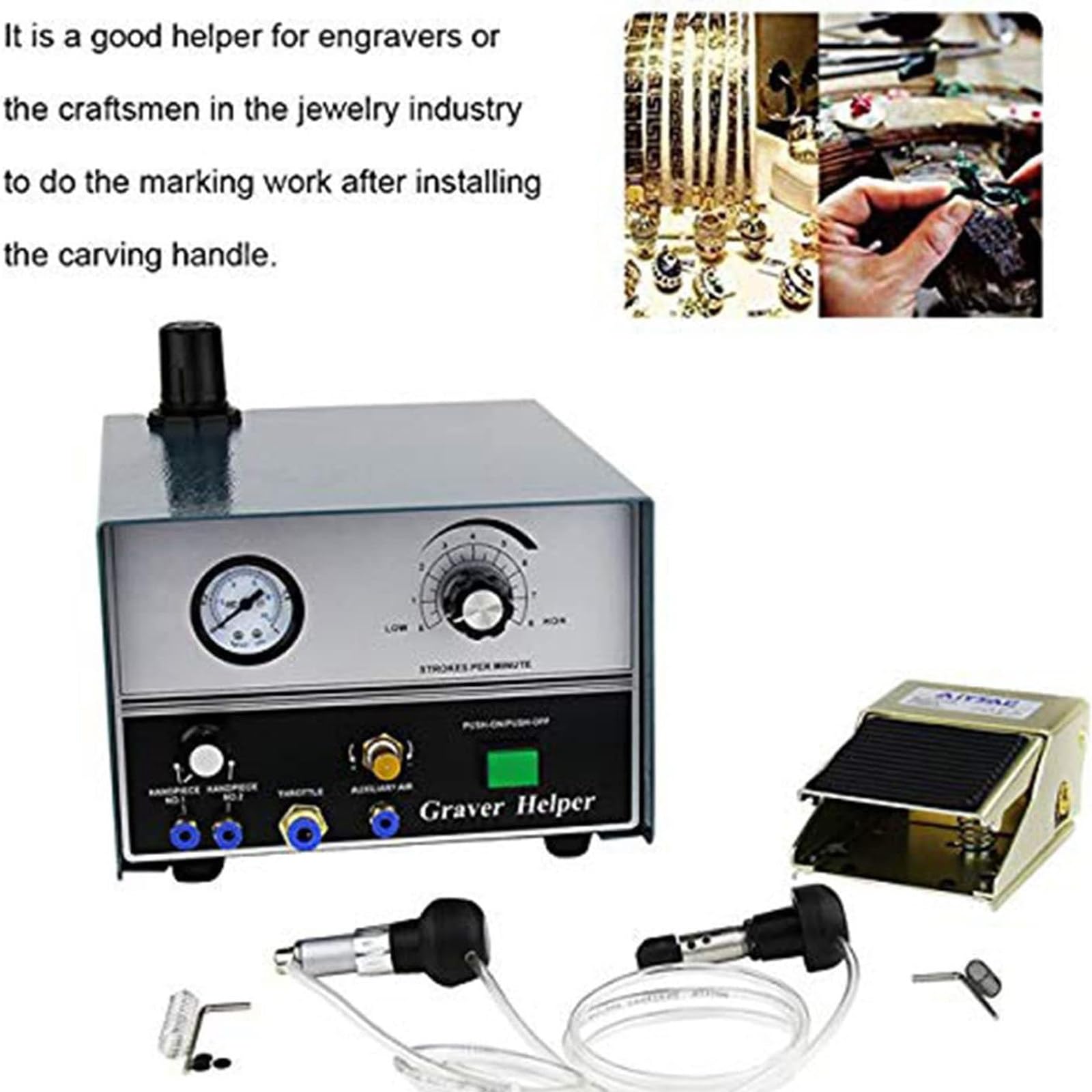 Kit Macchina Incisione Pneumatica Gioielli, 220V 100-1400rpm velocità Regolabile Doppia Testa Graver Strumento Micro incisore per lavori in Oro, Argento e Metallo
