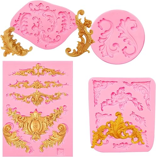 Moldes de silicona de alivio barroco, moldes de fondant de esquina de plumas de desplazamiento, moldes de encaje para pastel de chocolate, moldes