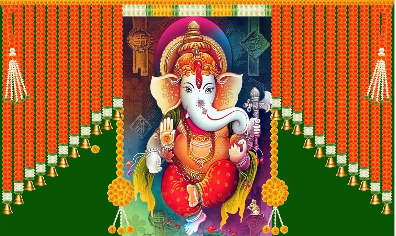 Ashvath Fashion Hanging Marigold Flower with Golden Bell and Ganeshji Design Backdrop Curtain for Pooja Decoration Festival Fabric-Polyester Size 5 Feet Height and 8 Feet Width (5 * 8) (B0BDFVGQS4) Amazon Price History, Amazon Price Tracker