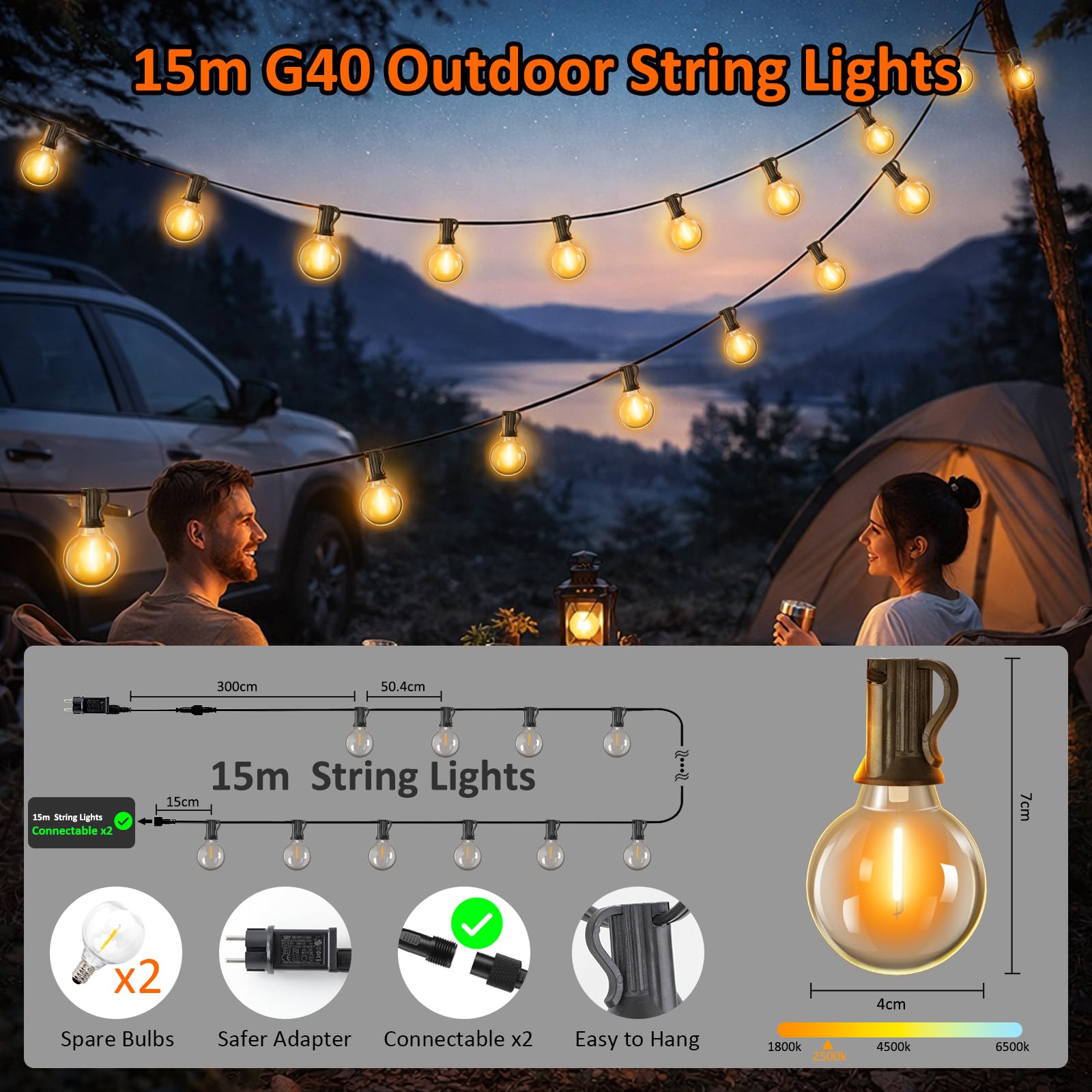 Guirlande Lumineuse Exterieure 15M avec Télécommande, 25+2 G40 LED Ampoules Dimmable Étanche pour Patio Terrasse Fête Mariage (Blanc Chaud)