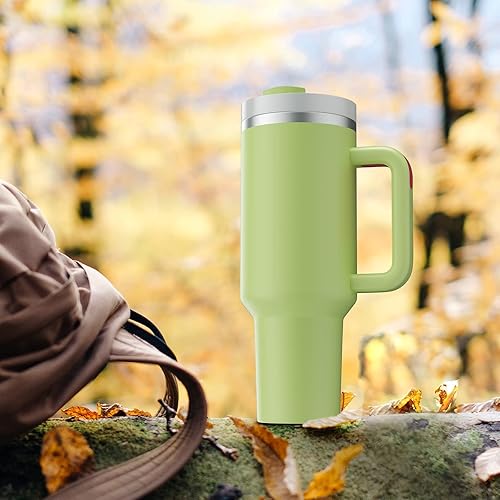 Miniatura 8 de Vaso de 40 onzas con asa y pajilla, vaso reutilizable al vacío con tapa, taza de viaje aislada de acero inoxidable, para café y bebidas (aguacate)