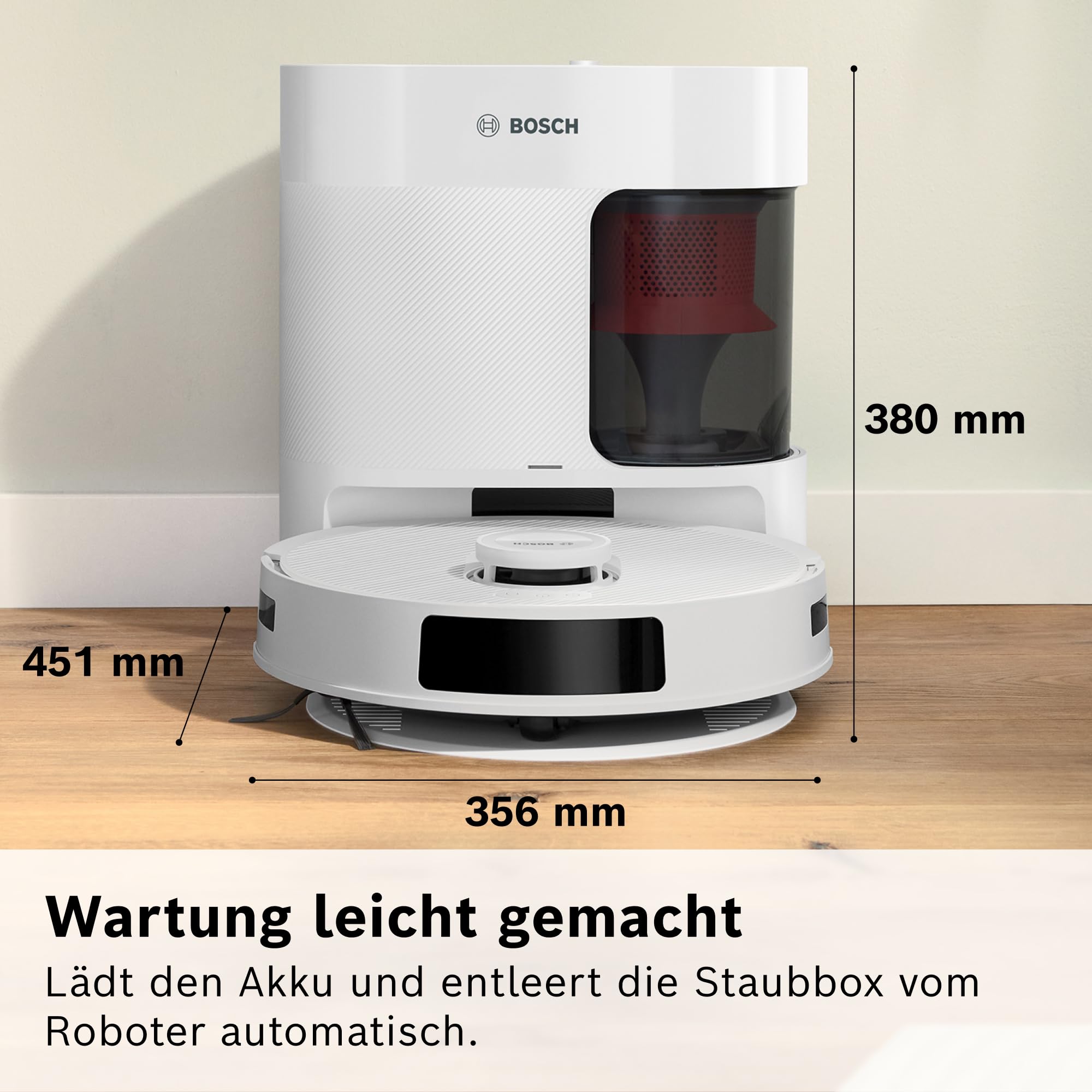 Bosch Spotless + BCRD1W Saugroboter mit Wischfunktion, 11.000 Pa Saugkraft, Wischpad, Trocken-Servicestation, Smart Vision Navigation mit Infrarot-Licht, Steuerung per App, weiß