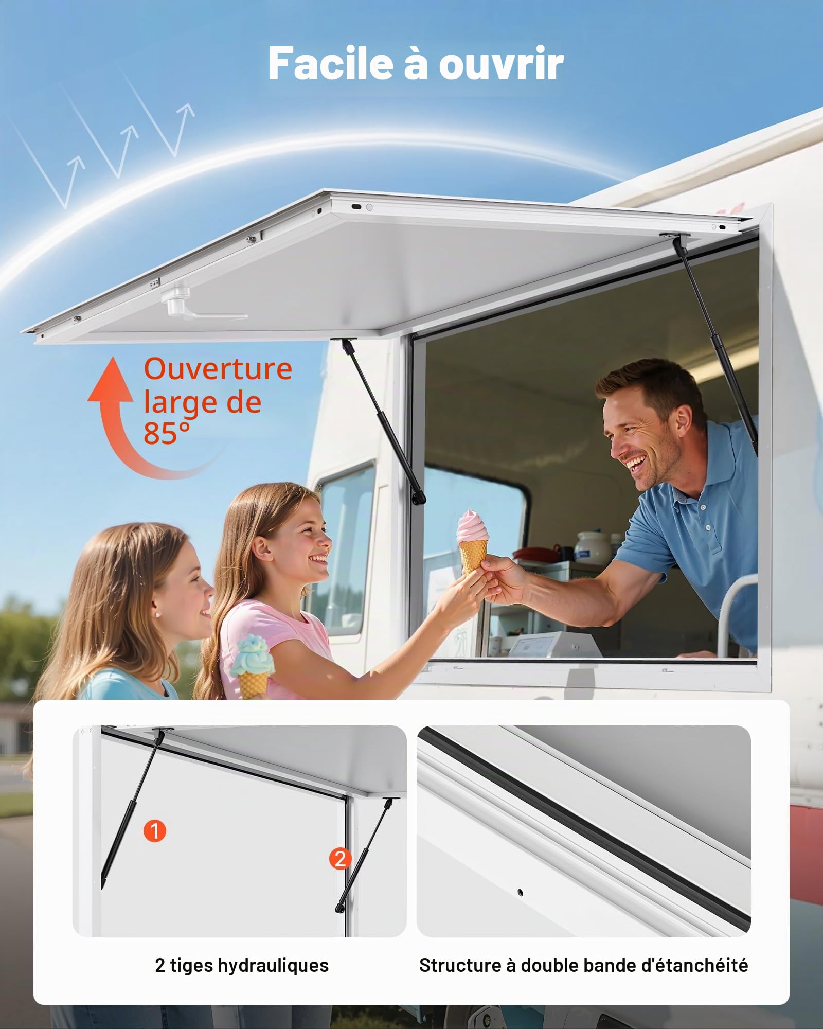 VEVOR Fenêtre de Concession pour Camion Restaurant 152,4x91,5 cm, Fenêtre de Service pour Stand de Vente, Cadre en Alliage d'Aluminium, sans Verre, avec Porte à Auvent et Crochet de Traction