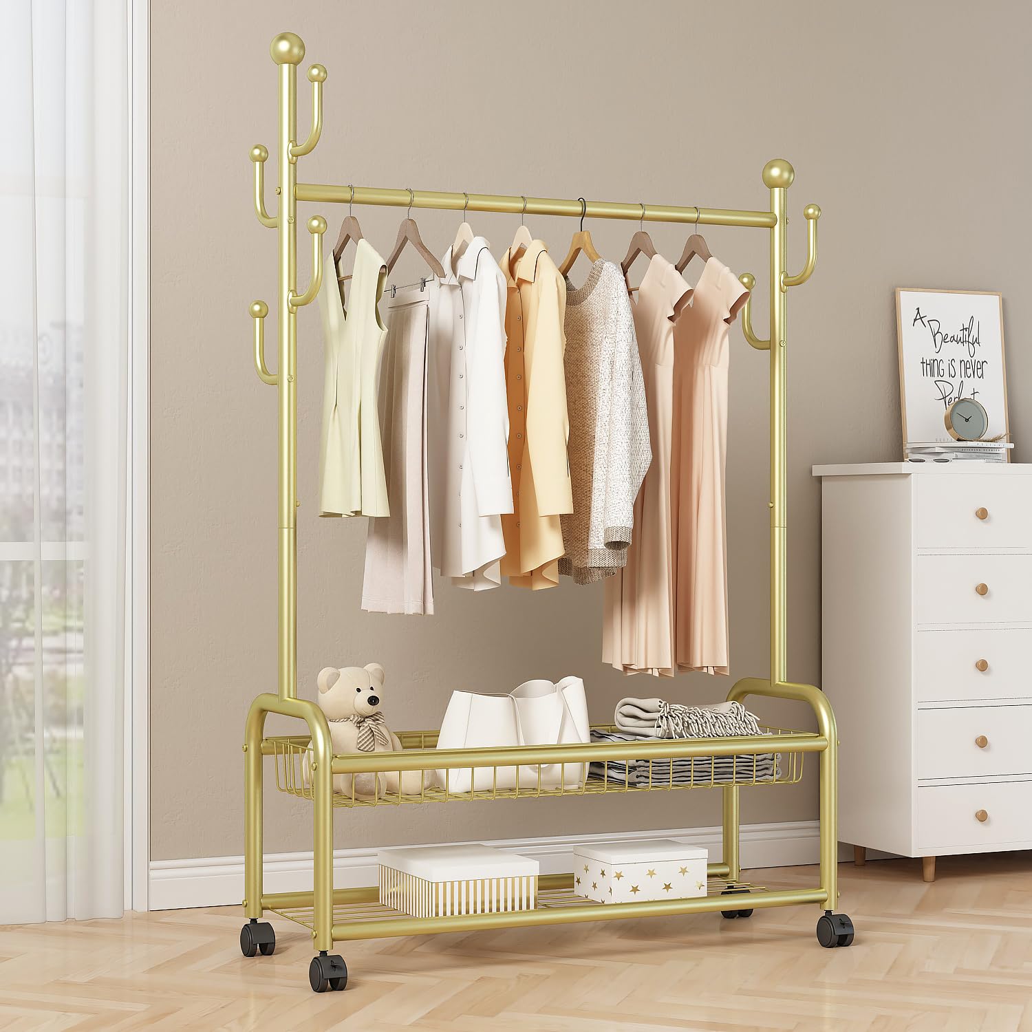 GAMNOF Gold Clothes Rack With Wheels, Clothing Rack for Hanging Clothes, Garment Rack With Storage Shelf, Freestanding Rolling