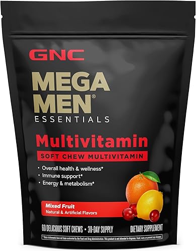 GNC Mega Men Soft Chew Multivitamínico | Apoyo de energía y metabolismo | Sin gluten | Frutas mixtas | 60 unidades