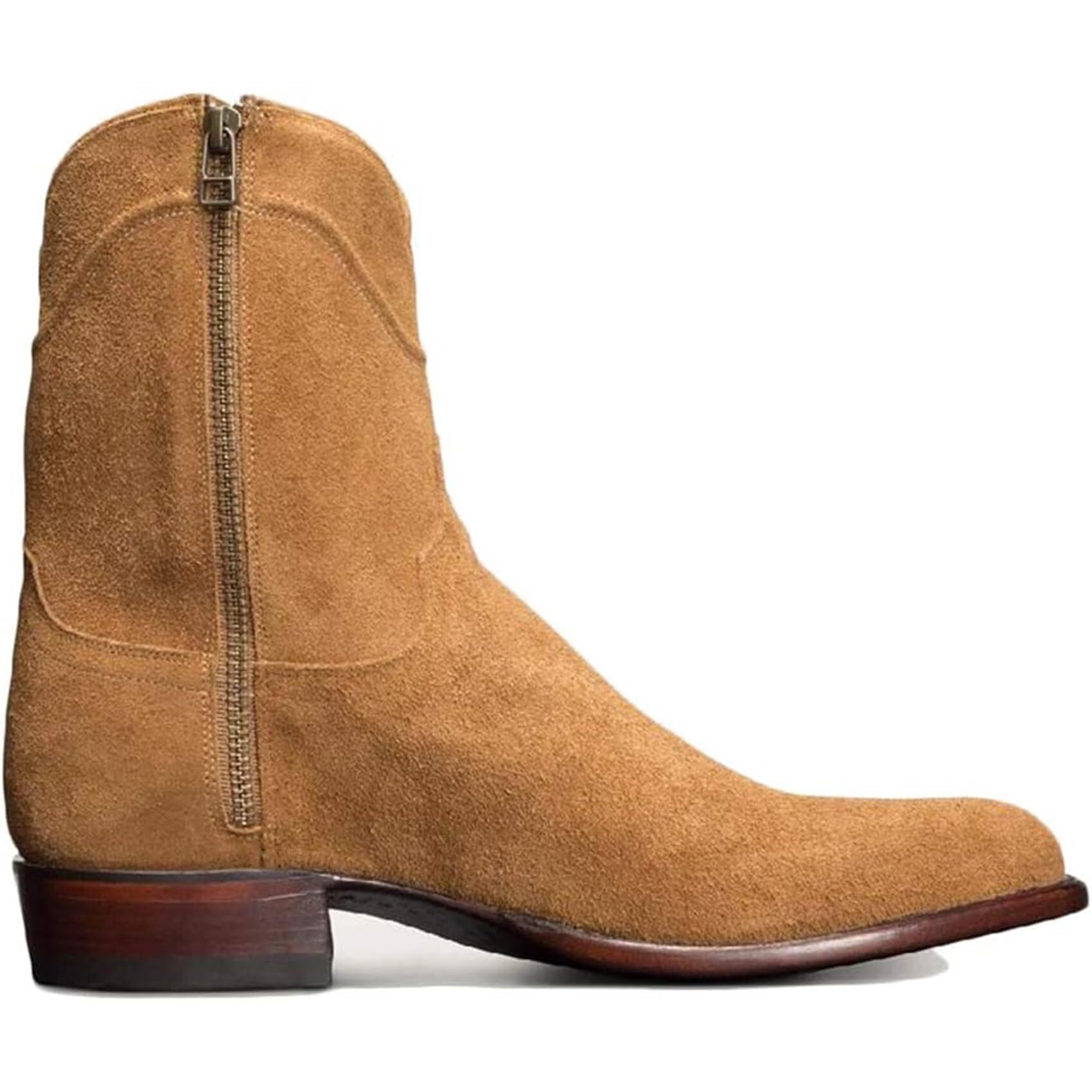 Men's Biker Knight Boots Suede Short Boots Round Toe Riding Shoes Vintage Western Cowboy Style Large Side Zipper Shoes(Khaki,7.5 UK)