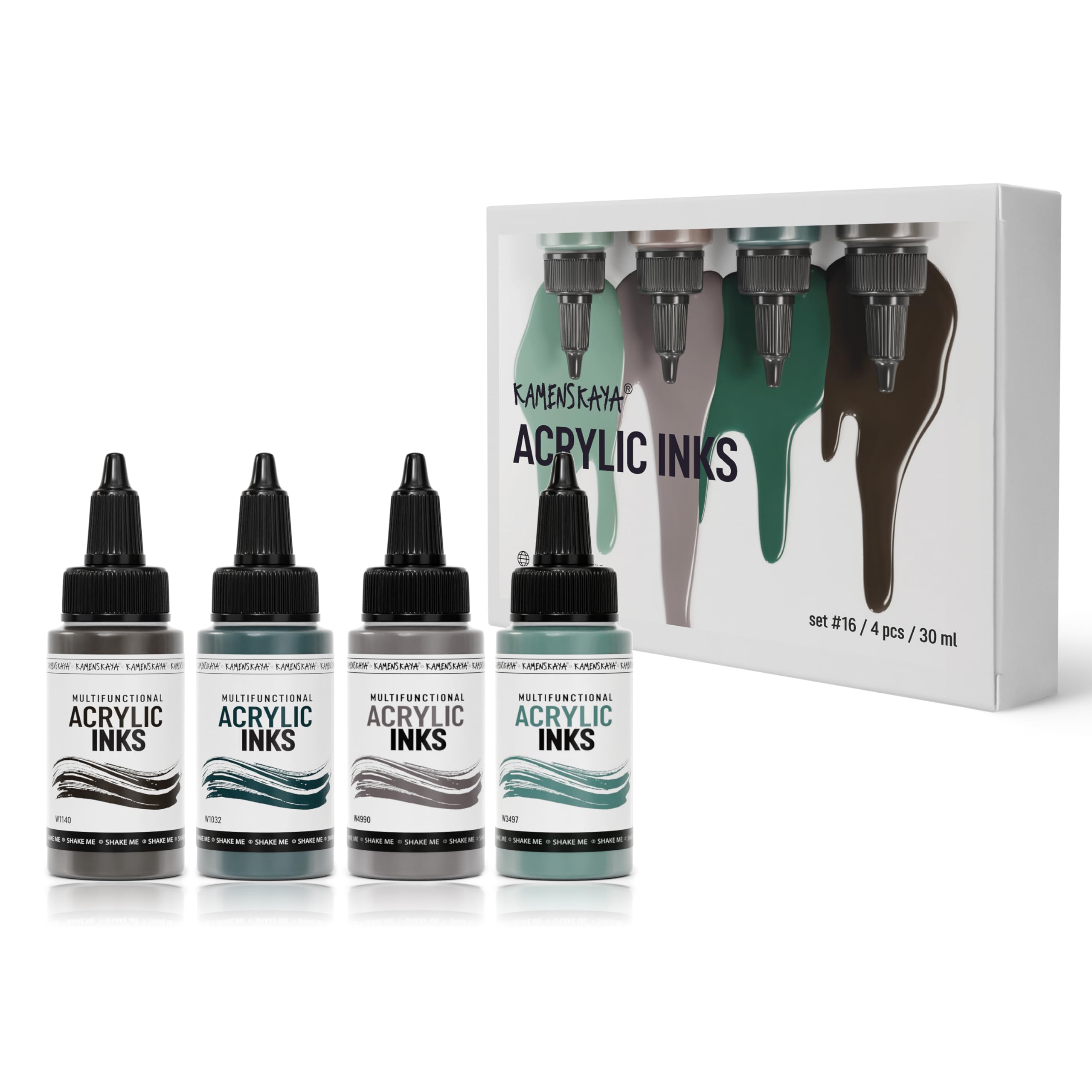 Kamenskaya Acrylic Inks for Artists - Acrylic Ink Set, Color Combination #16-4 pcs. 1 Fl Oz (30 ml) Each, 30 ml (Pack of 4)