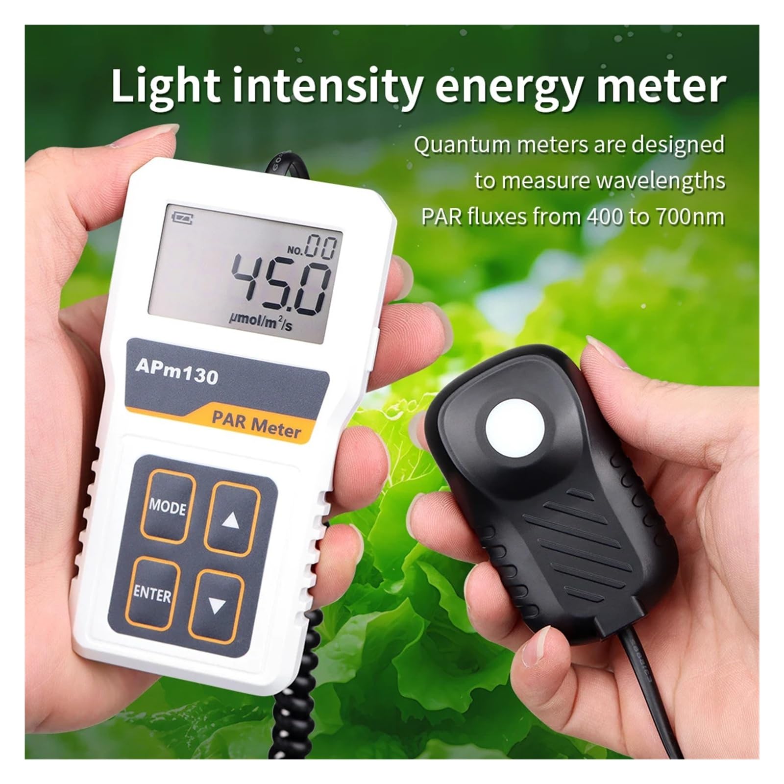 Medidor PAR digital APM130 con sensor impermeable PPFD 400-700 nm | Probador de luz de registro de datos de plantas de radiación fotosintética