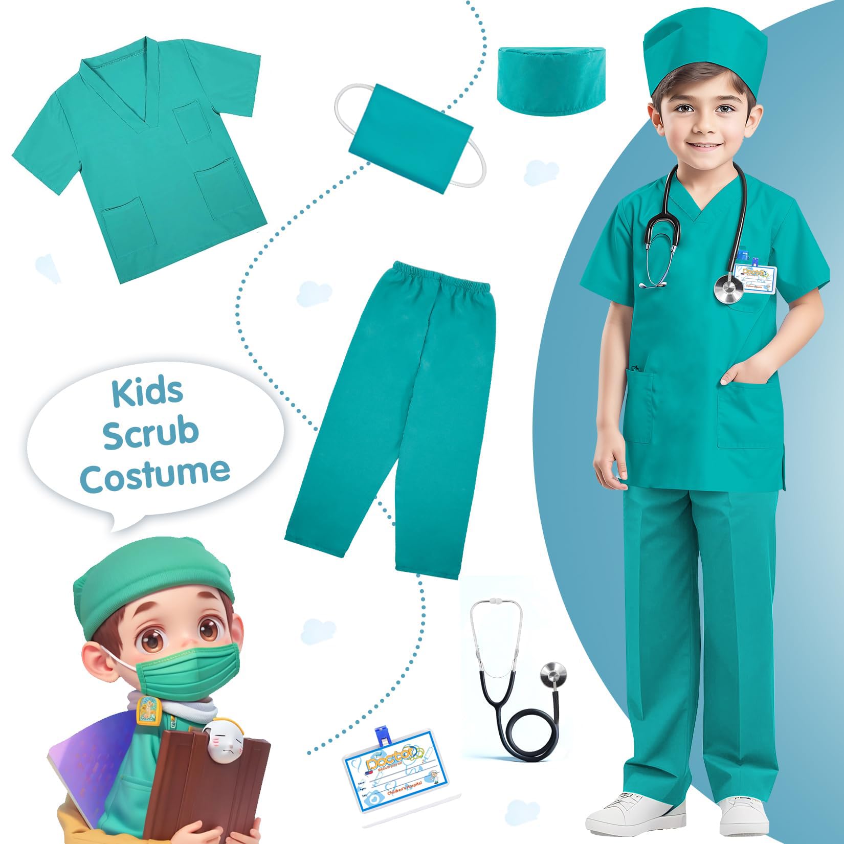RioRand Doctor Costume for Kids,Toddler Nurse Scrubs with Accessories Christmas Dress Up Cosplay For Boys Girls 3-11 Years
