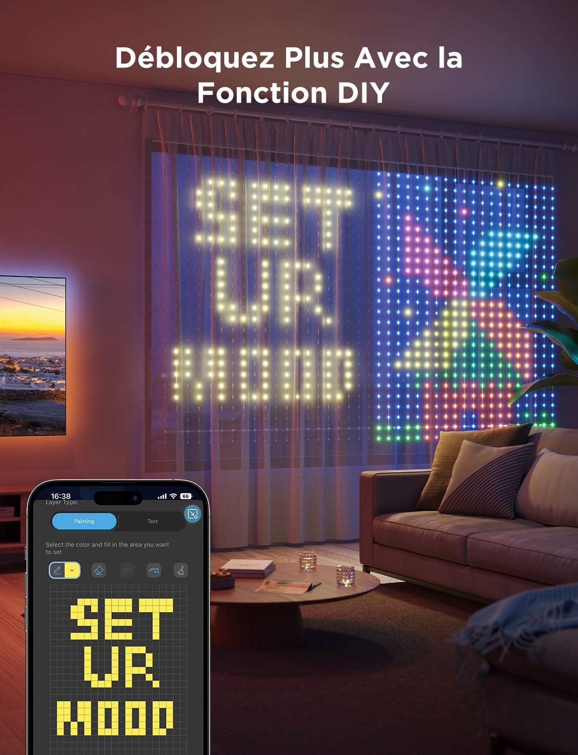 Govee Curtain Lights 1,5x2m, Rideau LED Intelligent, 520 LEDs, IP65 | Compatible avec Alexa, GIF DIY, Étanche IP65, Décoration de Noël, Contrôle par App, Couleurs RGBIC