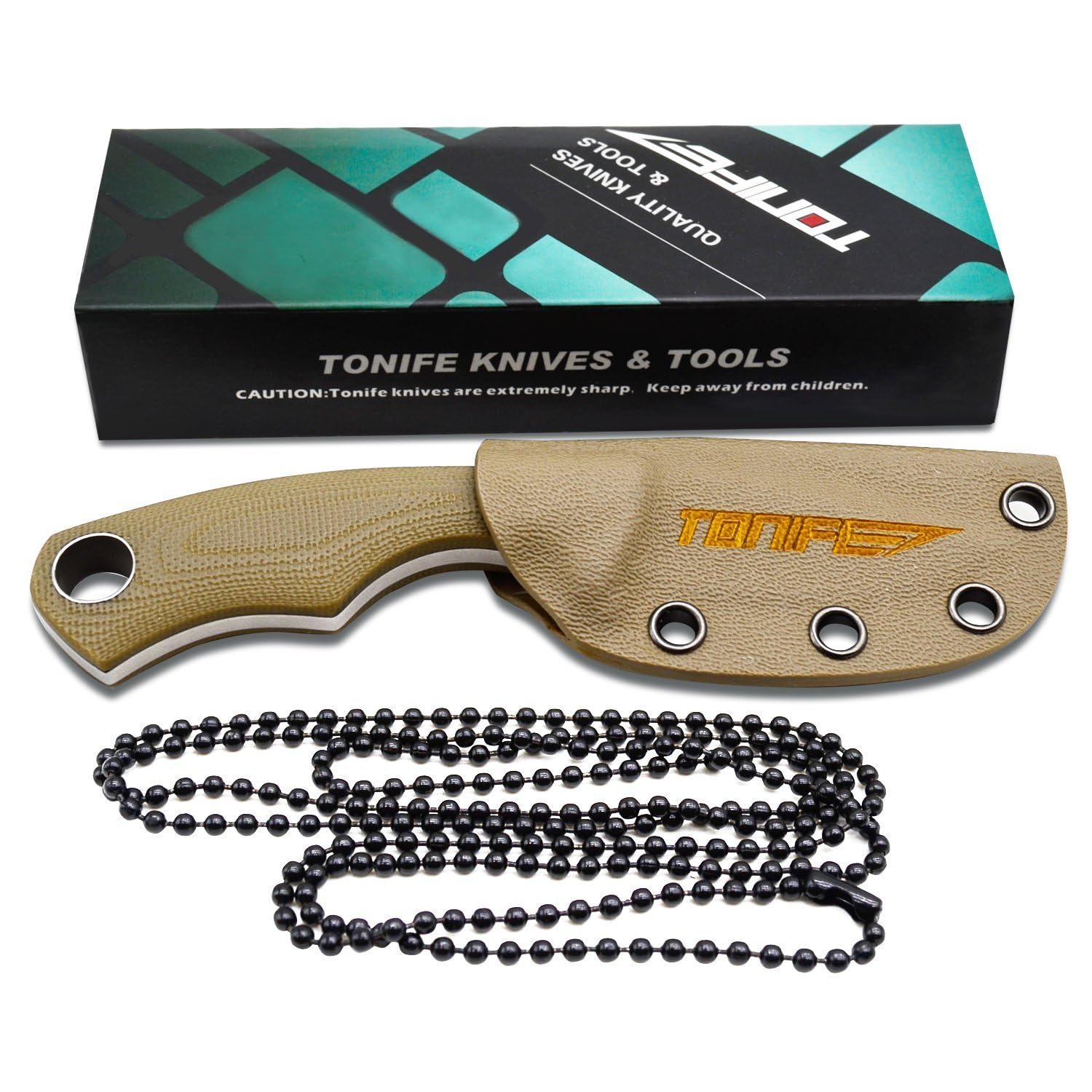 Couteau à lame fixe Tonife - Pleine soie - 119 mm - Avec gaine Kydex et chaîne à billes