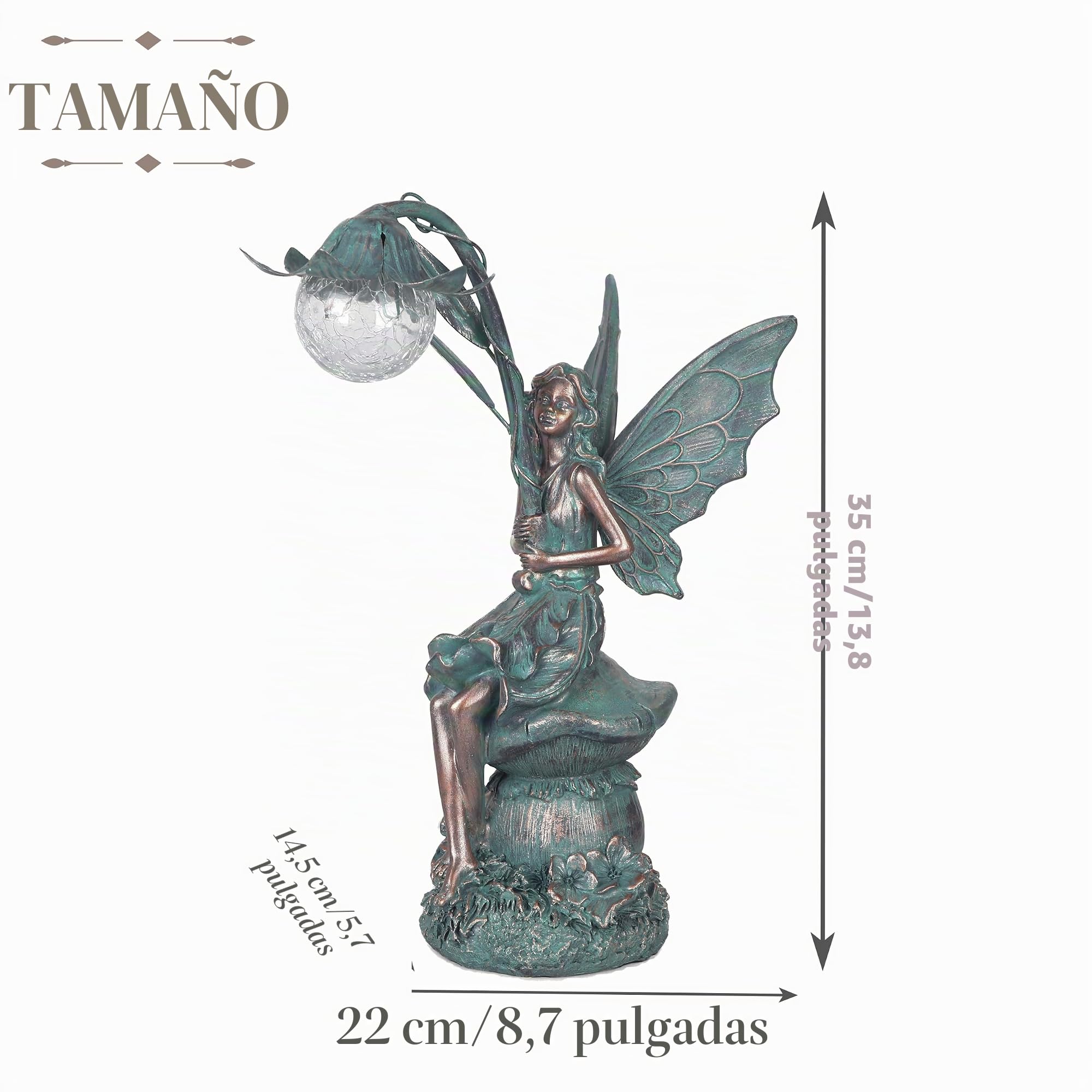TERESA'S COLLECTIONS Decoracion Jardin Exterior, Decoración de Hada de Resina con Acabado de Bronce Patinado y Bola de Cristal Agrietada con Luces Solares, Adorno para Césped, Regalo para Mamá, 35cm