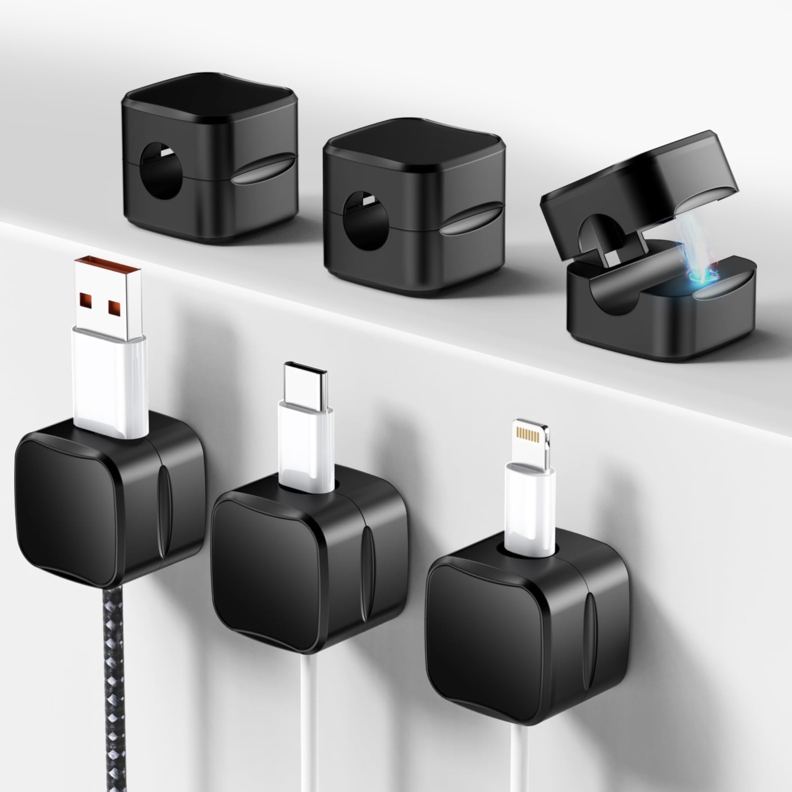 Storite Pack of 6 Magnetic Cable Organizer Clips – Self-Adhesive Wire Management Solution for Home and Office,Car,Desk, Management Solution for Data Cable, Power Cords and More - Black