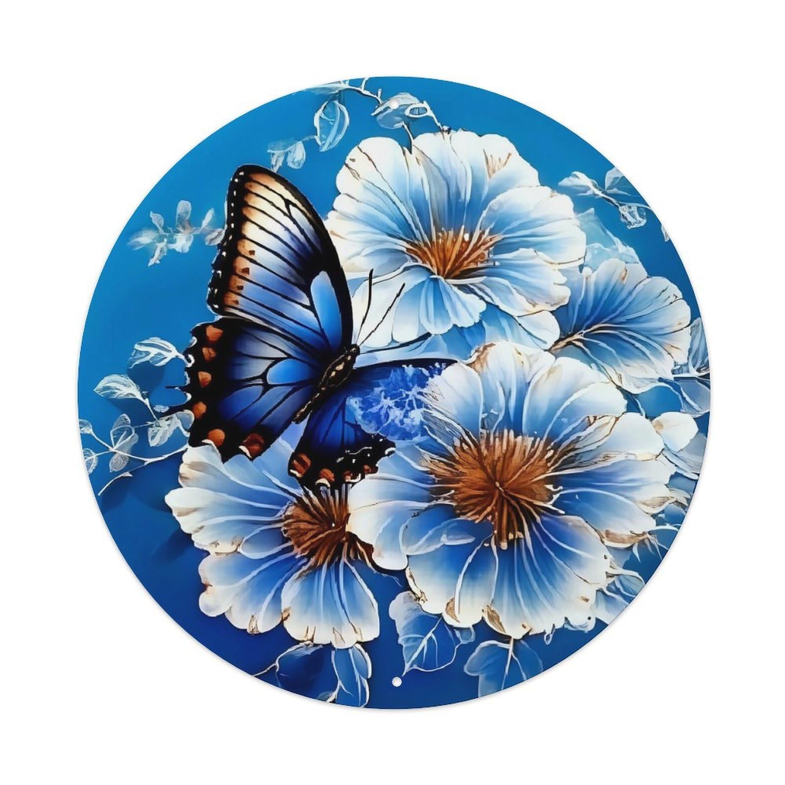 Blue Butterfly And Flowers Pattern Round Tin Sign Retro Metal Sign for Cafe Bar Pub Home Game Room Gym Club Wall Decoration Vintage Metal Poster 8x8 Inch