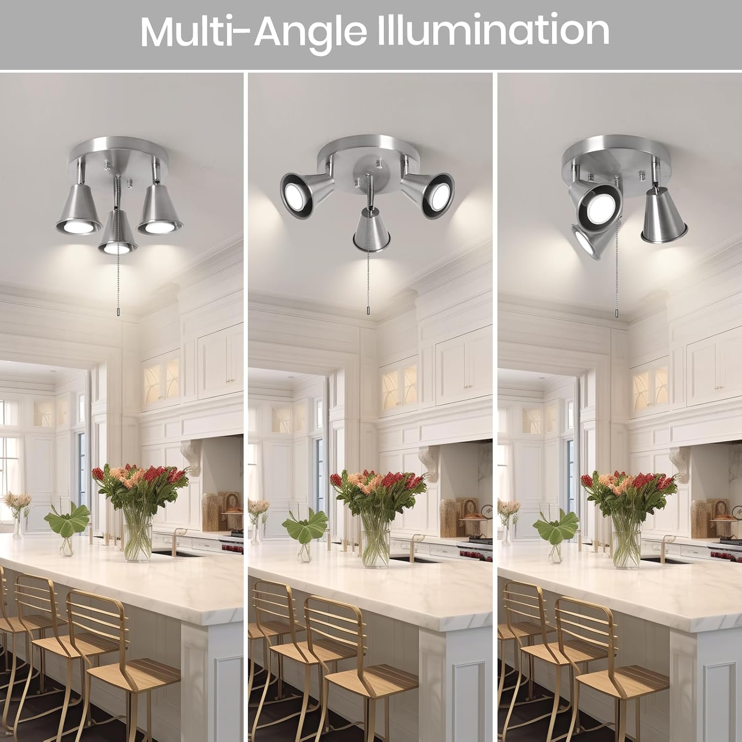 SEEBLEN 3-Light Industrial Directional Track Lighting with Pull Chain On/Off, Adjustable Round Ceiling Spotlight, Morden Nickel Flush Mount Kitchen Light for Hallway,Dining Room,Gu10 Bulbs Included