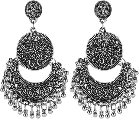 Vintage Chandelier Earrings Beaded Tassel Earring for Women Bohemian Ethnic Retro Style Gold Silver Chandelier Tassel Dangle Drop Earrings Boho Statement Cut-out Dangling Chandelier Earrings Charm Hollow Crescent Carved Round Bead Tassel Earrings Personalized Mexico Gypsy Dangle Earrings Jewelry