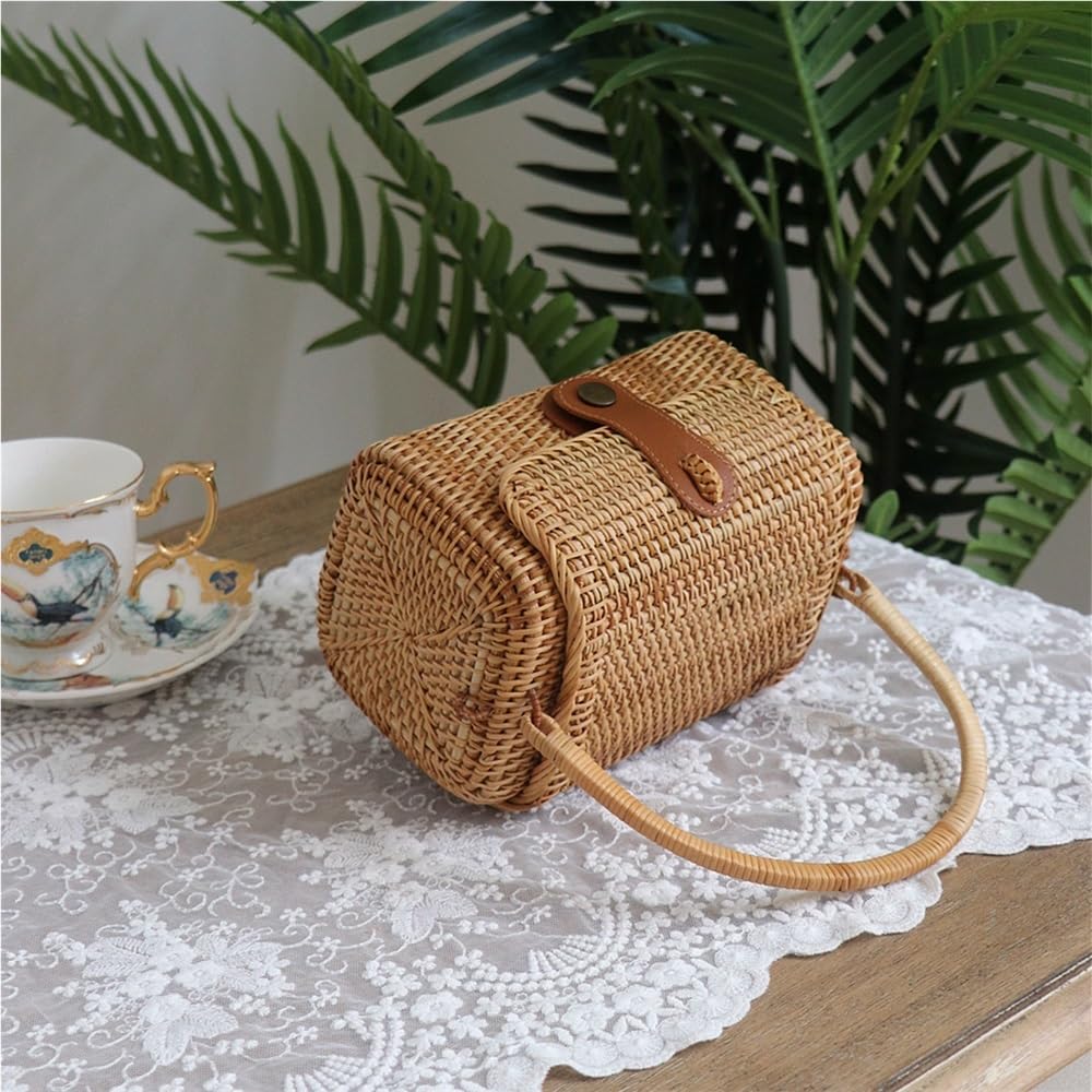 Cesti HHF, Confezione da 1, Nuovi, Manuale, in Rattan Intrecciato, in Paglia Intrecciata, a Tracolla Singola, Portatile, Piccola Borsa Giapponese, Borsa da Spiaggia, Cont,19x11x12cm