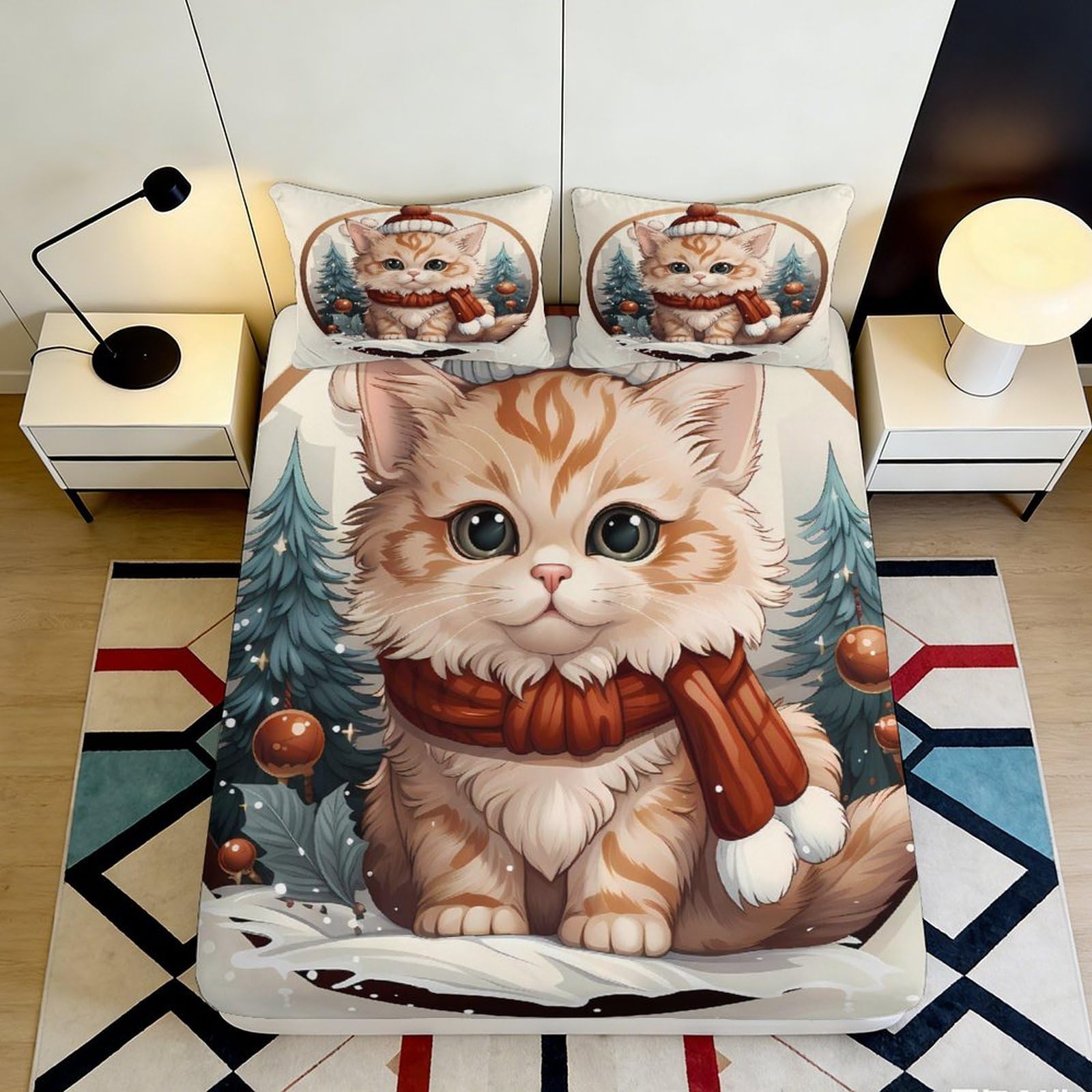 Qjzxknhpgr Style-3 3D Printed Cute Cat Fitted Sheet Microfiber Soft Decorative Christmas Forest Bed Cover For Bedroom Guest Room 90X200x25cm