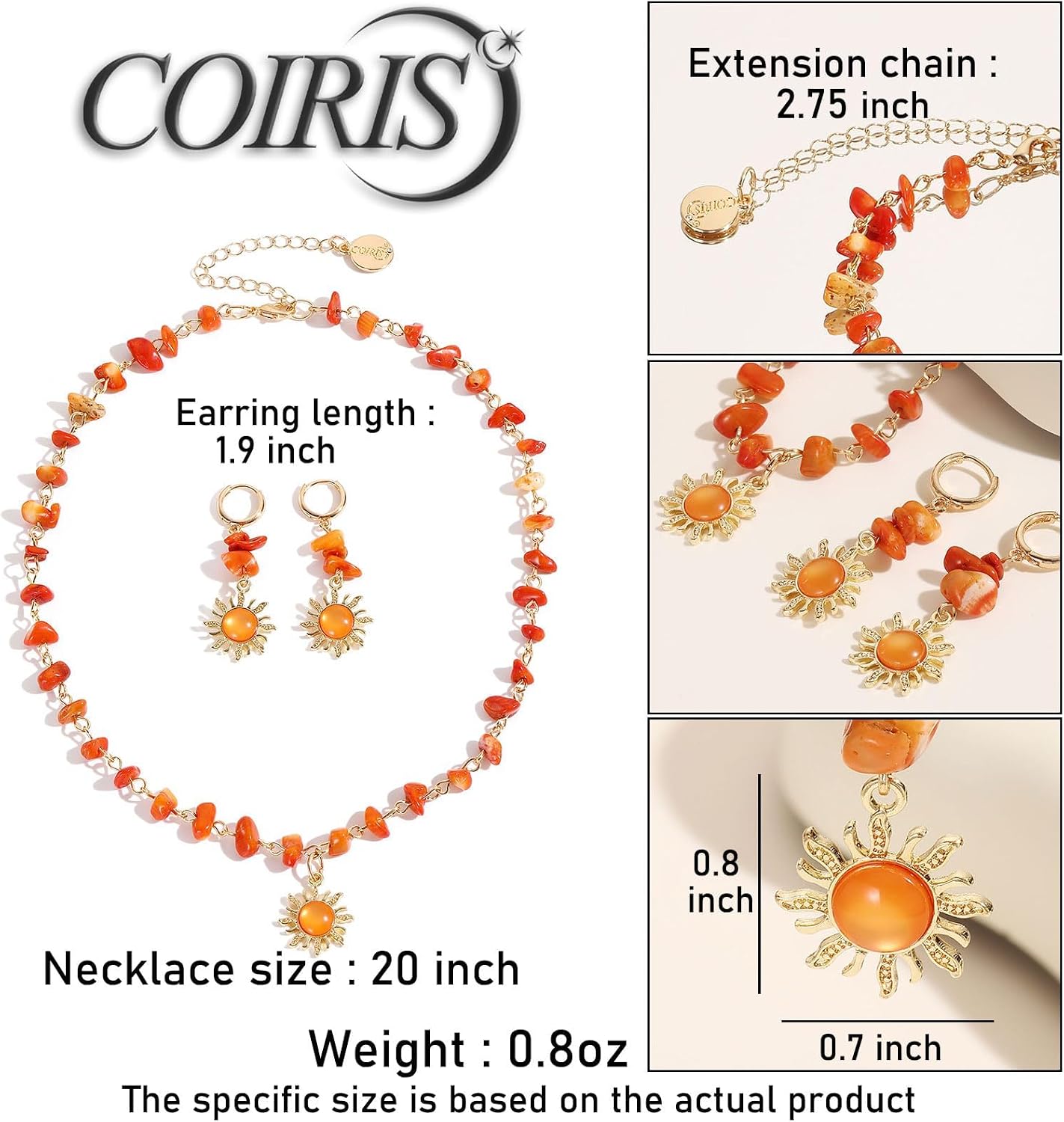 Coiris Boho Sun Jewelry Set for Women Bohemian Healing Nature Crystal Stone Sun Choker Necklace Dangle Drop Earrings Hippie Cool Summer Beach Sun Jewelry Set for Women