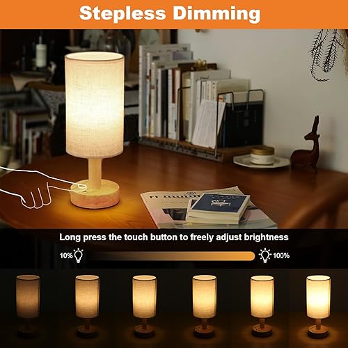 Miniatura 2 de Lámpara de mesa táctil inalámbrica recargable con atenuación continua, base de madera natural y pantalla de lino, luz nocturna inalámbrica de