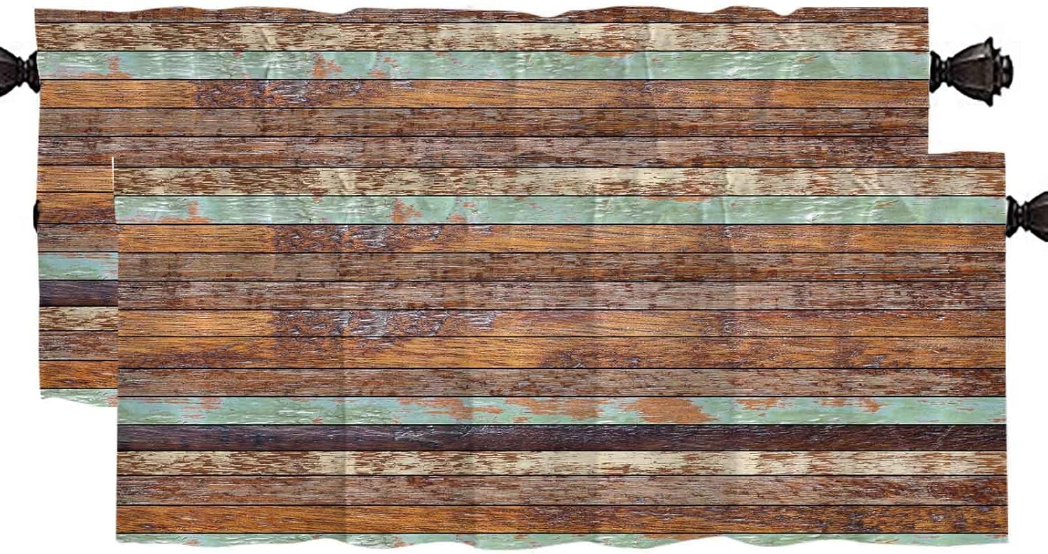 EMMTEEY Rustic Farmhouse Valances Curtains for Kitchen Windows Retro Wood Rod Pocket Curtain Toppers Short Curtains Treatments for Bedroom Living Roomand Bathroom 52X18 2 Panels