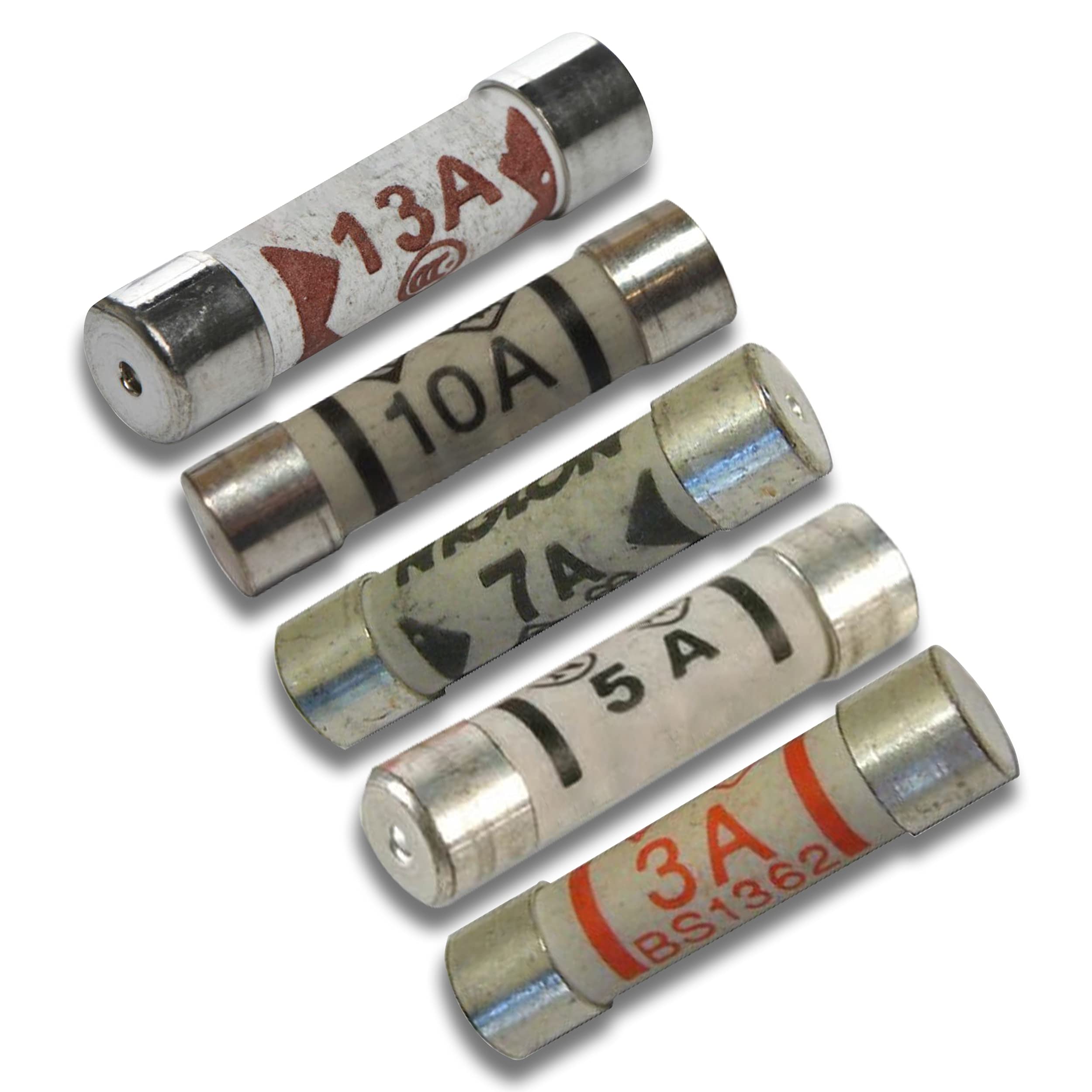 KafTons 25 Pcs. of 3A 5A 7A 10A 13A 5 Pcs. Each with 240V Domestic Fuses Household Mains Plug Top Fuse Electric Cartridge Fuses 0.9cm x 1.3cm CE Certified to BS1352 (Total 25Pcs.)