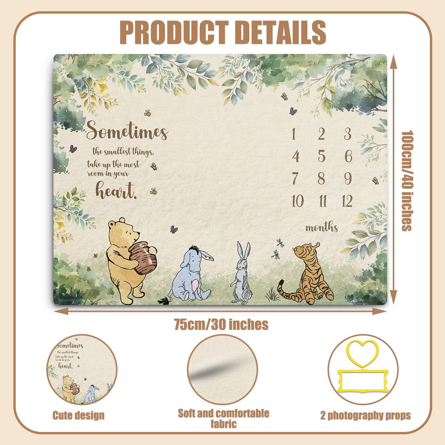 Manta Winnie Milestone para bebé, manta de hito de bebé Pooh, manta de hito de bebé con citas de Winnie, decoración de fondo de fotografía para recién nacido, con 8 piezas de cartulina impresa de