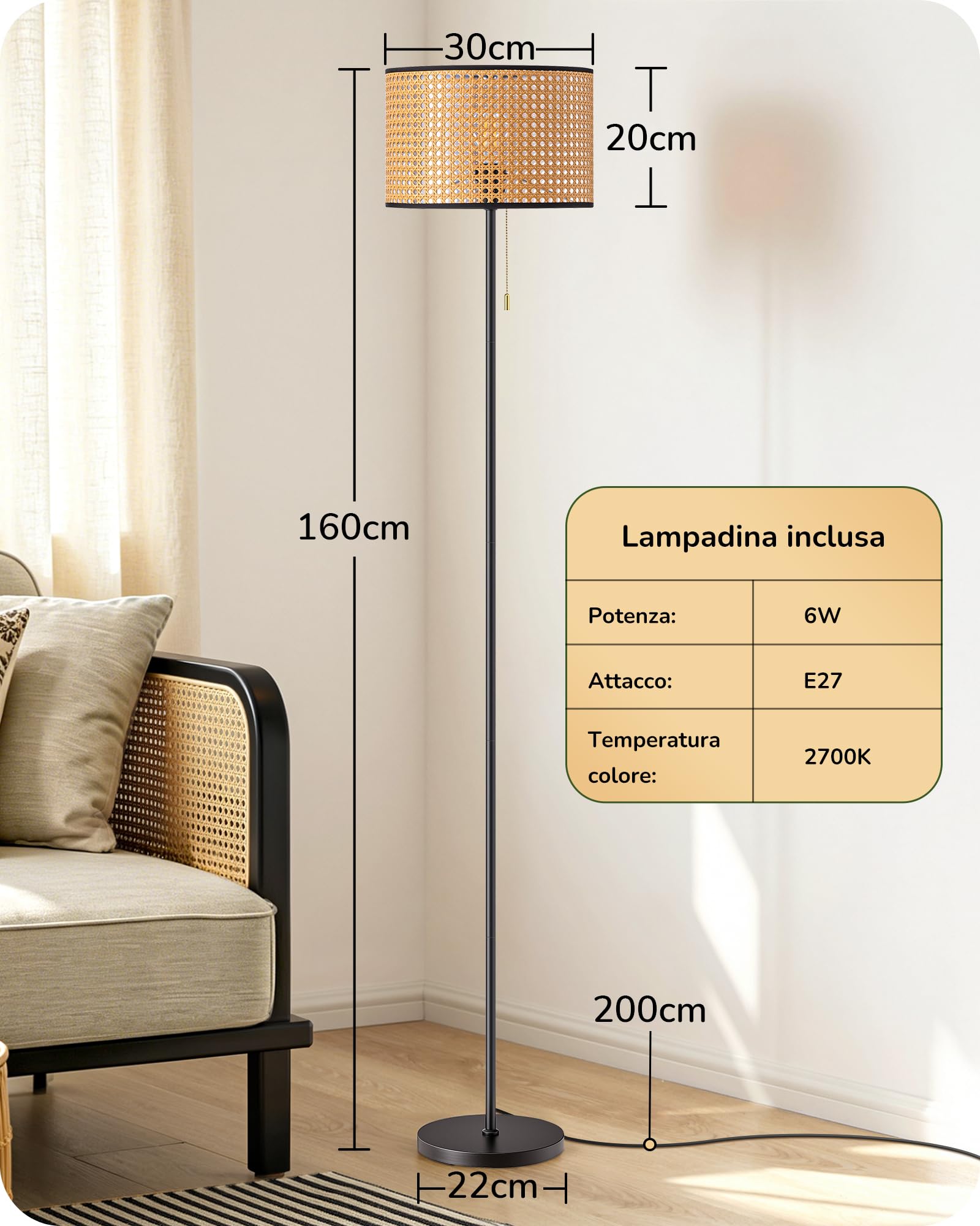 EDISHINE Lampada da Terra Boho Soggiorno, Paralume in Rattan, Nero | Lampada da Terra Angolare Moderna, Interruttore a Catenella, E27, LED Inclusa, Bianco Caldo 2700 K, Camera, Corridoio, 160 cm