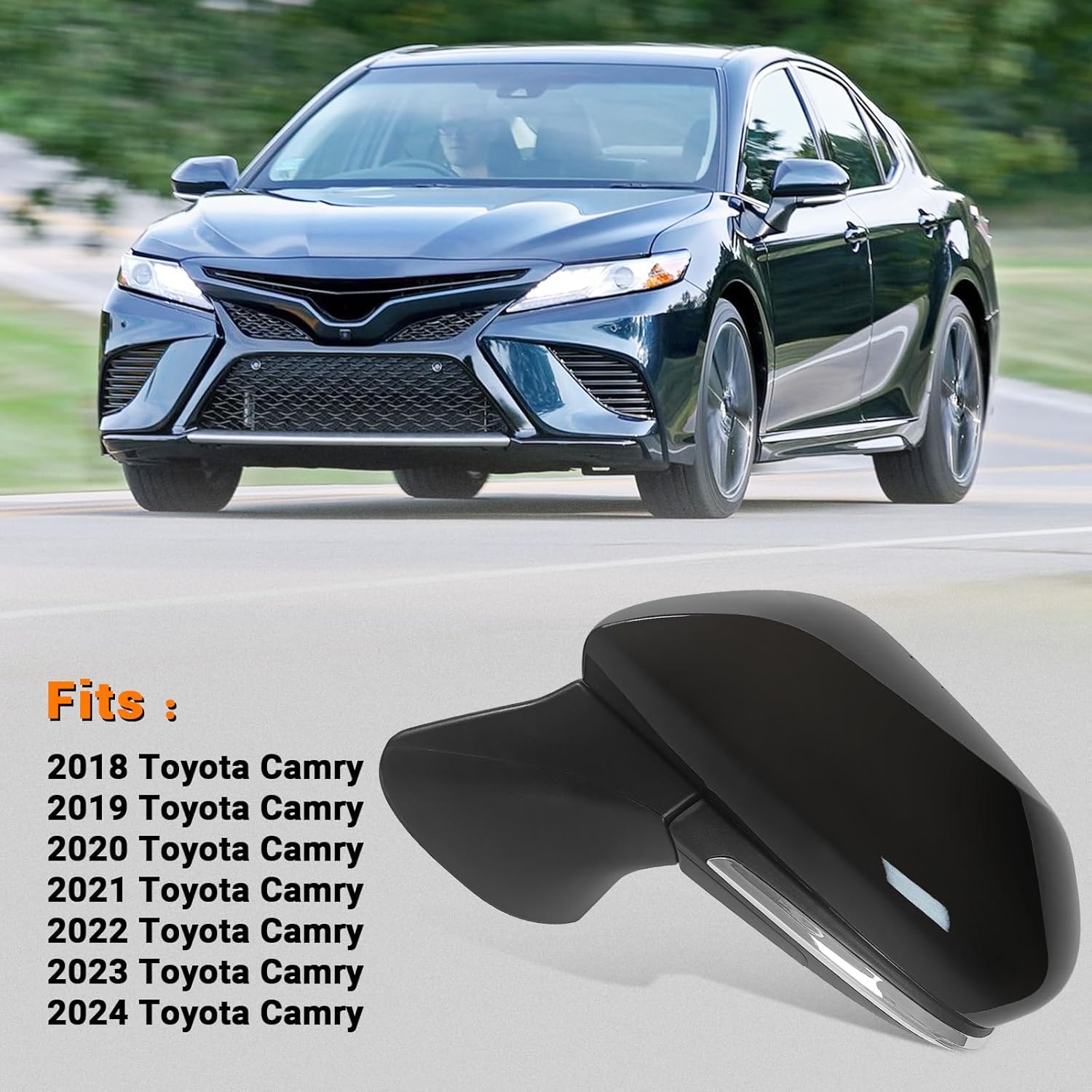 Left Drive Side Mirror Assembly Fits 2018 2019 2020 2021 2022 2023 2024 Toyota Camry with Power Glass Heated Turn Signal Manual Folding Non Blind Spot Match Black(6 Pins)