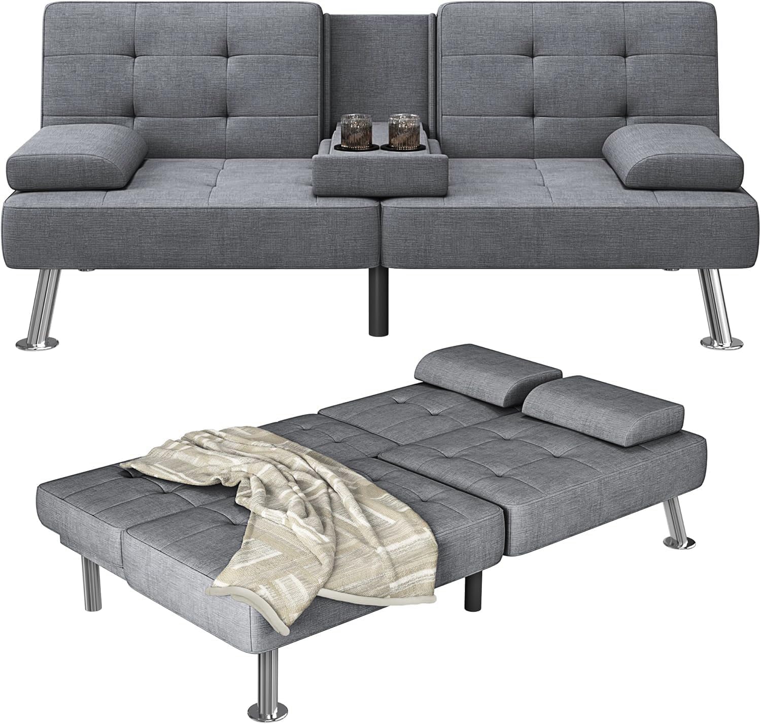Furmax Futon Sofa Bed Adjustable Futon Couch Sleeper Sofa Bed for Living Room, Business Office, Recliner Sofas with Cup Holders (Fabric, Gray)