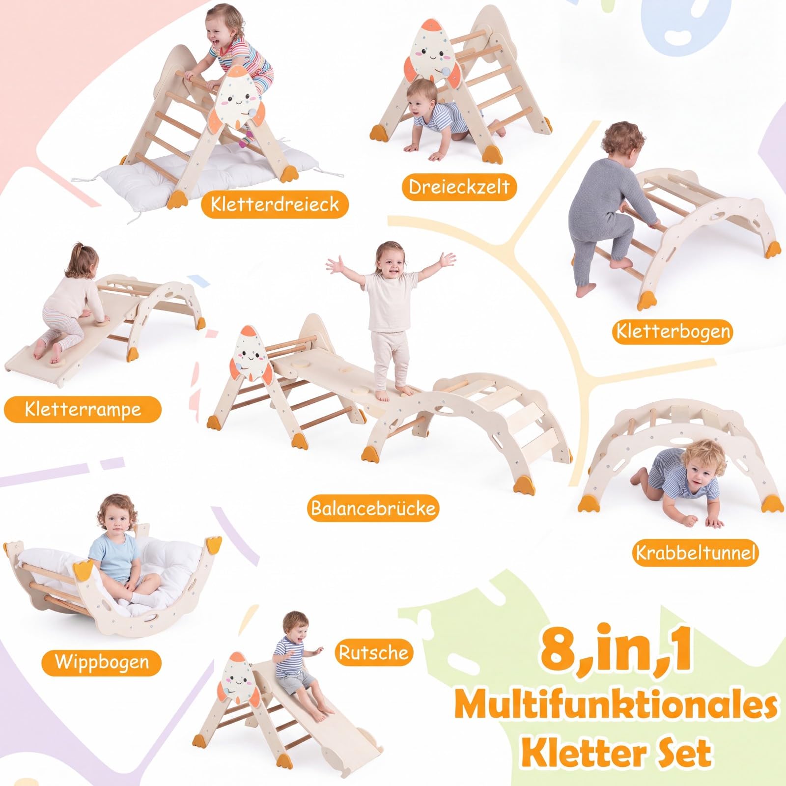 COSTWAY 8 in 1 Montessori Klettersset Holz, für Kinder ab 1 Jahr, Natur