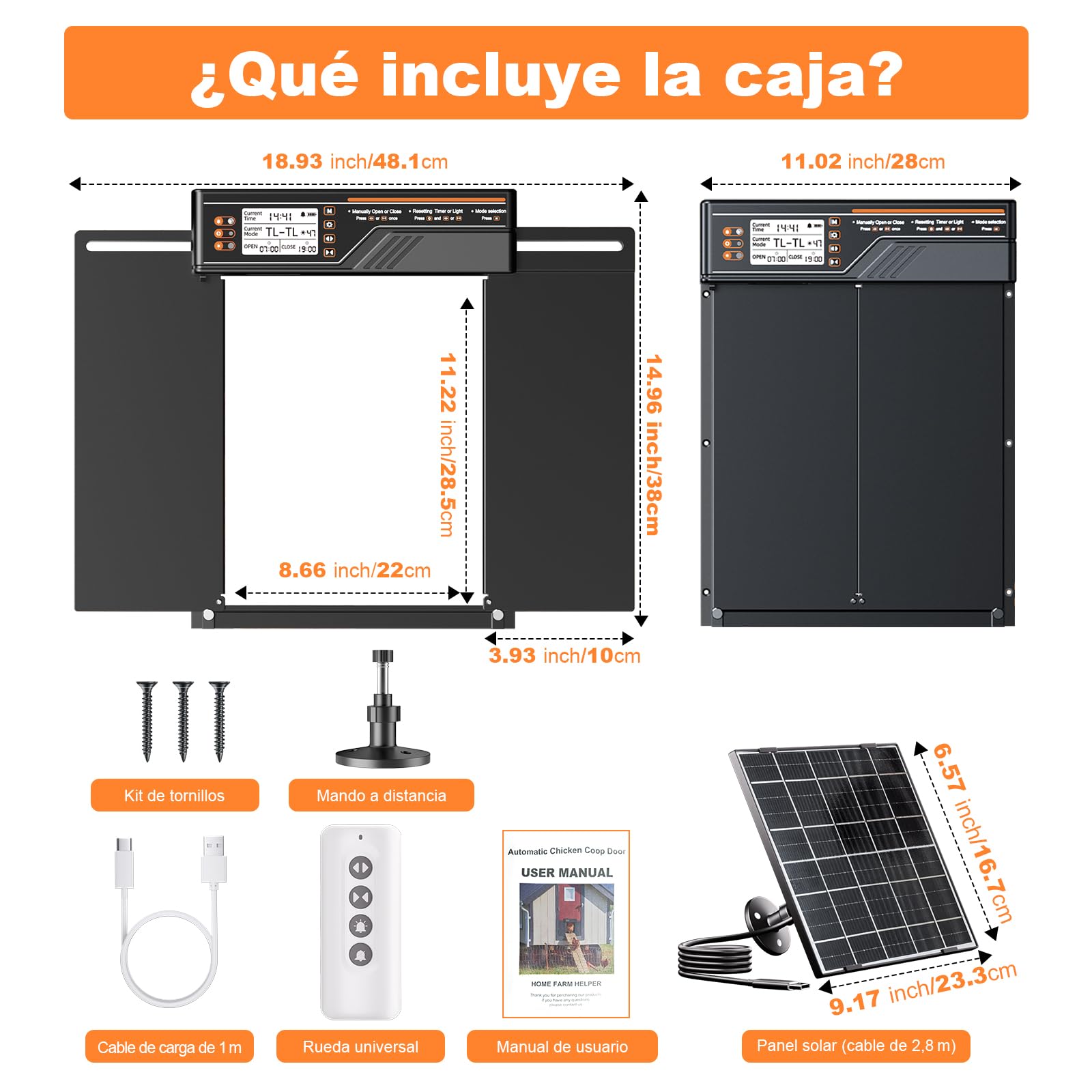 Puerta Automática Grande para Gallinero con Panel Solar de 7W, Puerta Gallinero de Aleación de Aluminio con 4 Modos, Temporizador y Sensor de Luz, Pantalla LCD de Gran Tamaño, con Mando a Distancia