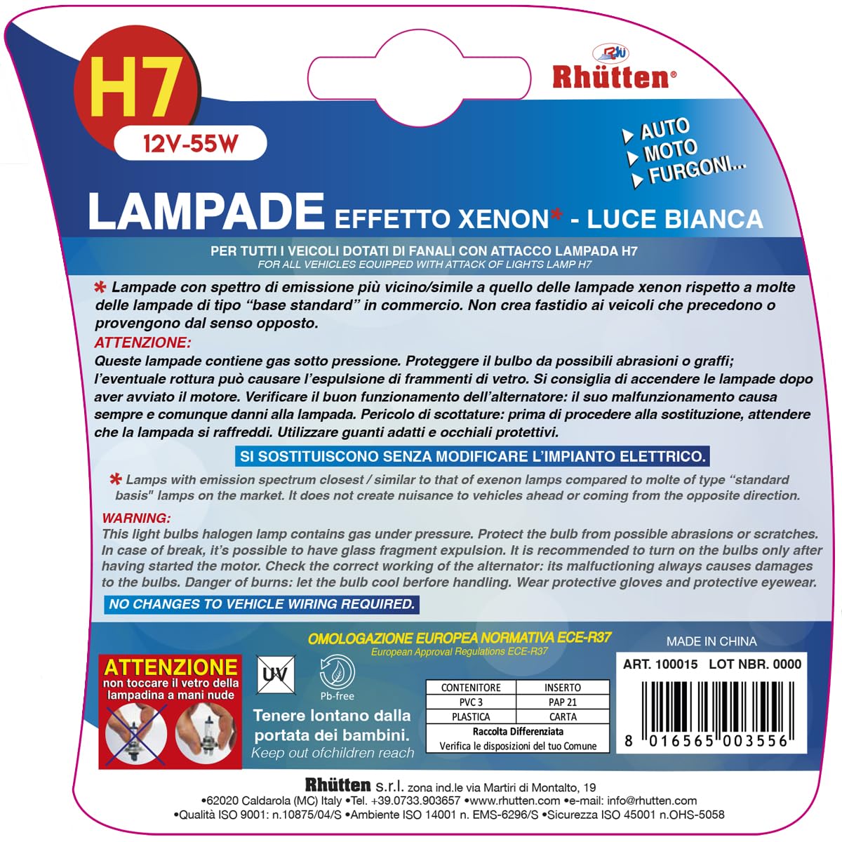Rhutten, Lampadine Effetto Xenon H7 12V 55W, Luce Bianca, Omologate ECE-R37, Auto, Moto e Furgoni, 2pz