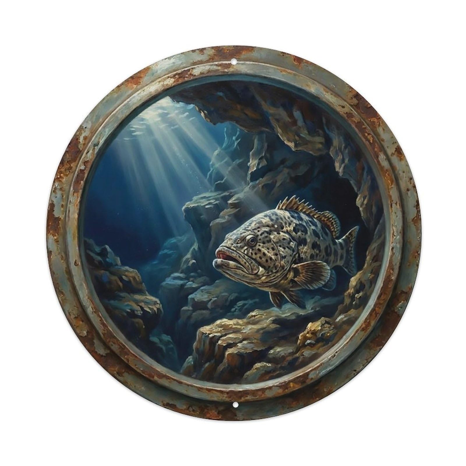 Vintage Porthole Grouper Guardian Ship Window Undersea Deep Sea Metal Tin Sign